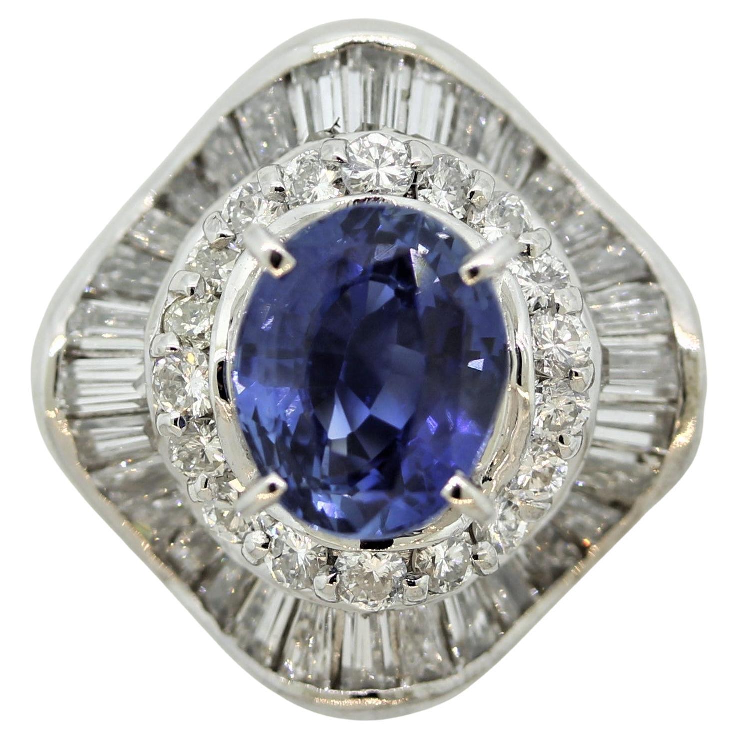 Sapphire Diamond Halo Platinum Ring For Sale