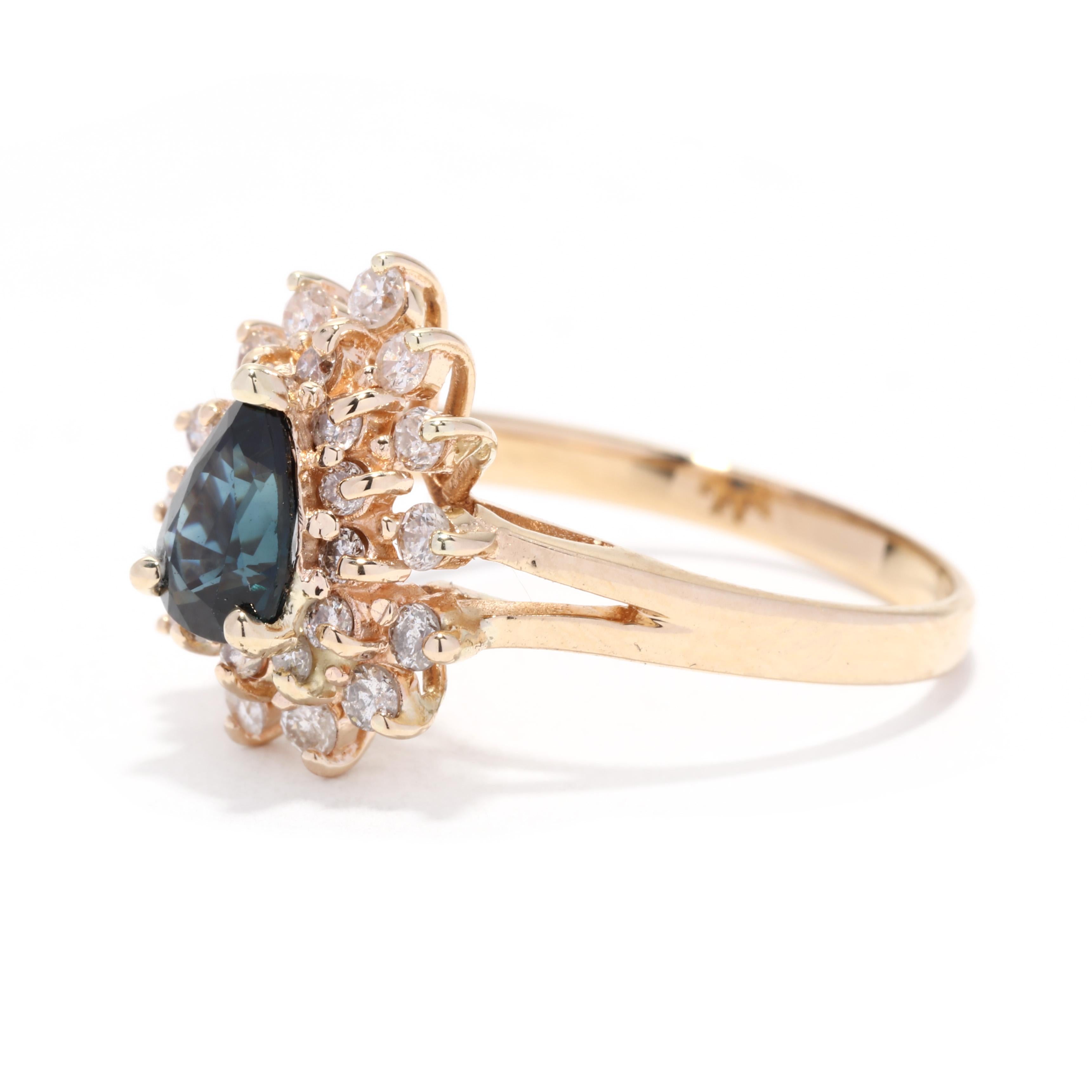 Pear Sapphire Diamond Halo Ring, 14K Yellow Gold, Diamond Cluster Ring In Good Condition For Sale In McLeansville, NC