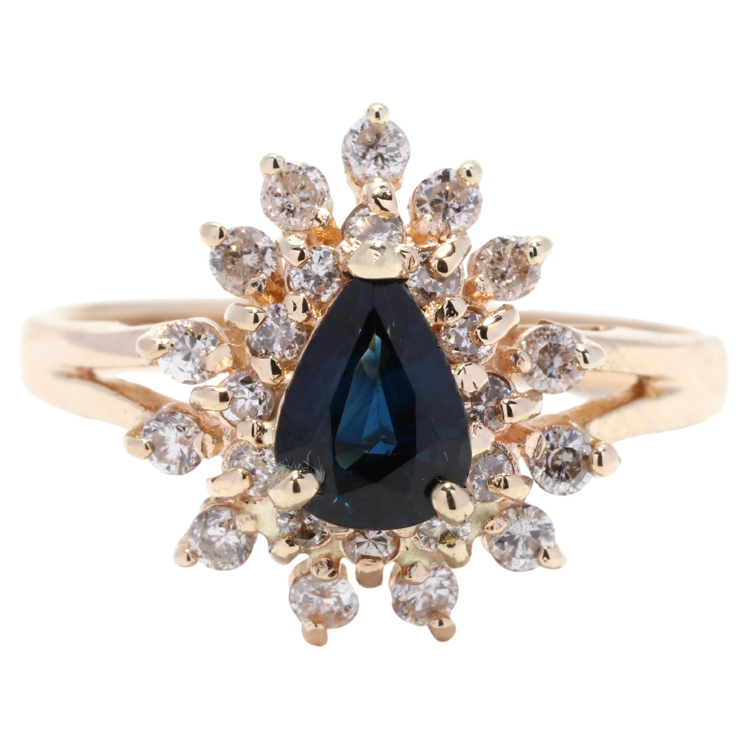 Pear Sapphire Diamond Halo Ring, 14K Yellow Gold, Diamond Cluster Ring For Sale