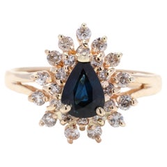 Retro Pear Sapphire Diamond Halo Ring, 14K Yellow Gold, Diamond Cluster Ring