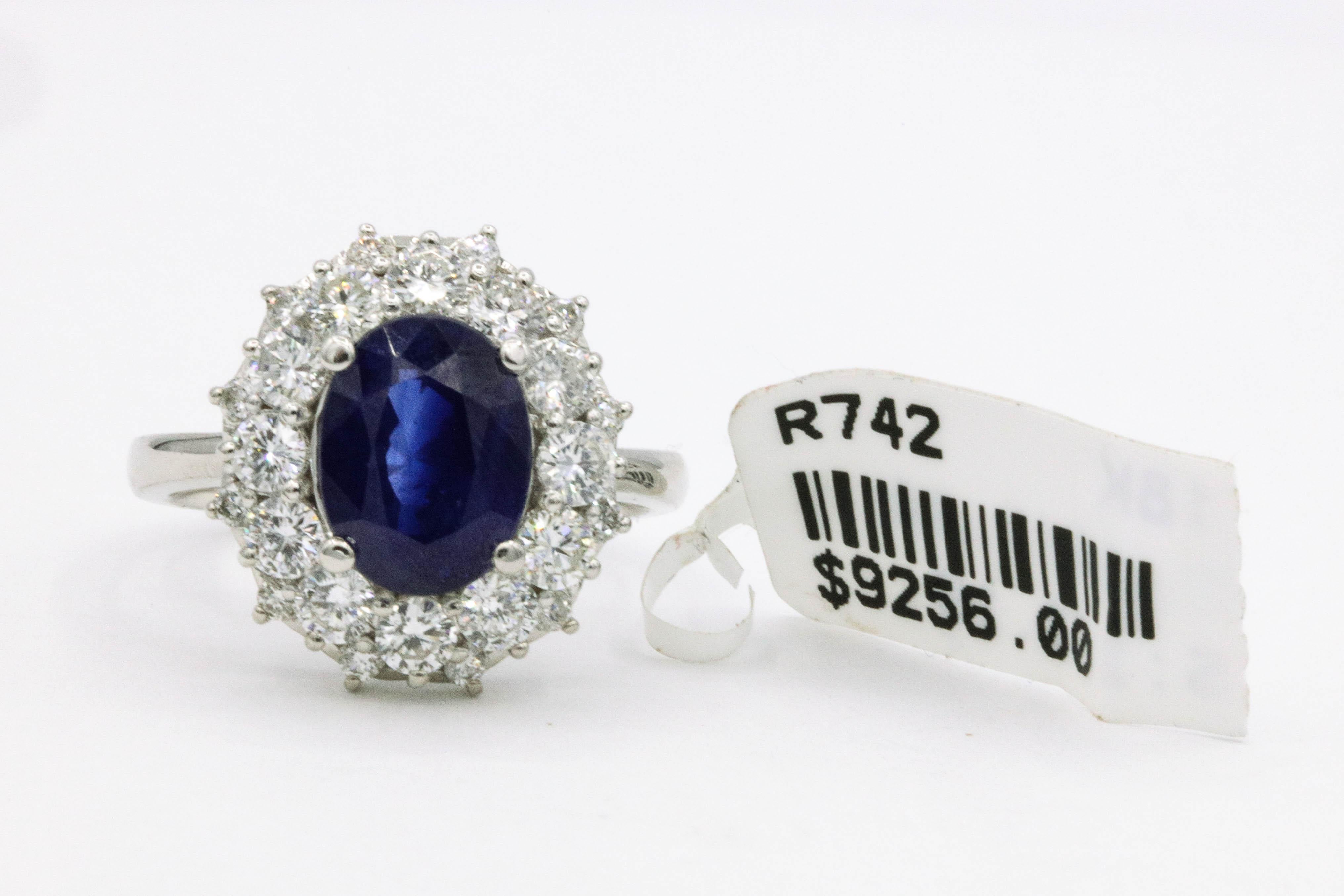 Sapphire Diamond Halo Ring 4.59 Carat 18 Karat White Gold In New Condition In New York, NY