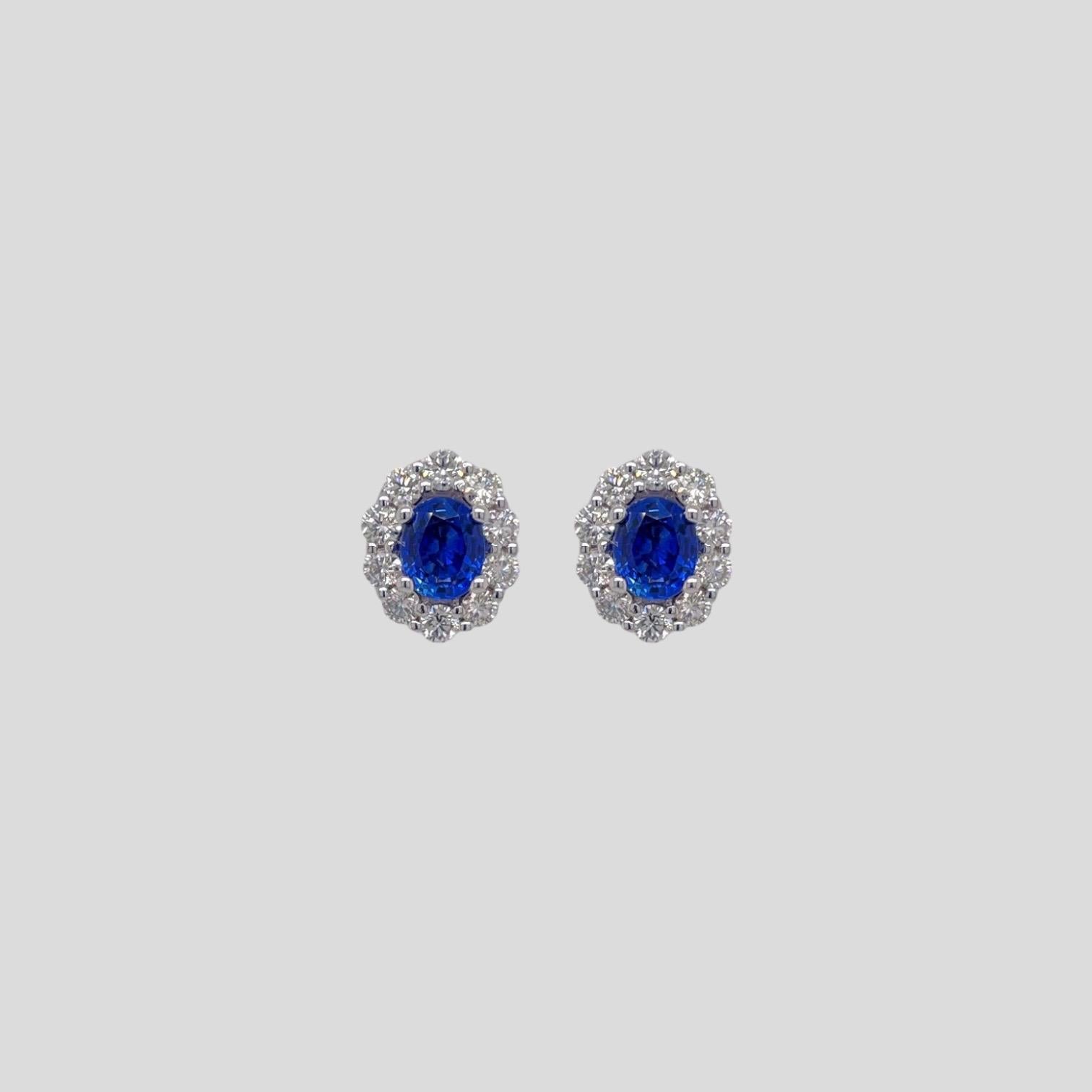 Romantic Sapphire & Diamond Halo Stud Earring in 14k White Gold For Sale