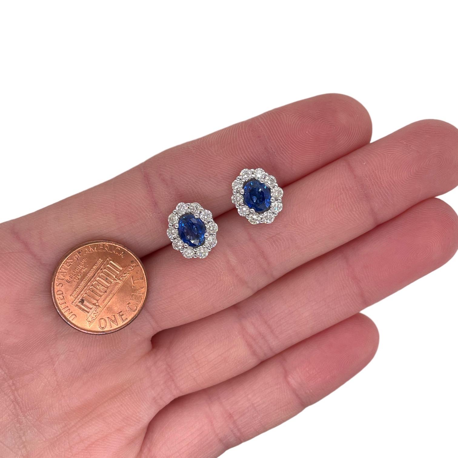 Oval Cut Sapphire & Diamond Halo Stud Earring in 14k White Gold For Sale