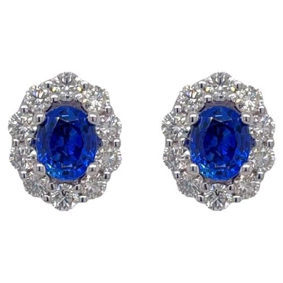 Sapphire & Diamond Halo Stud Earring in 14k White Gold For Sale