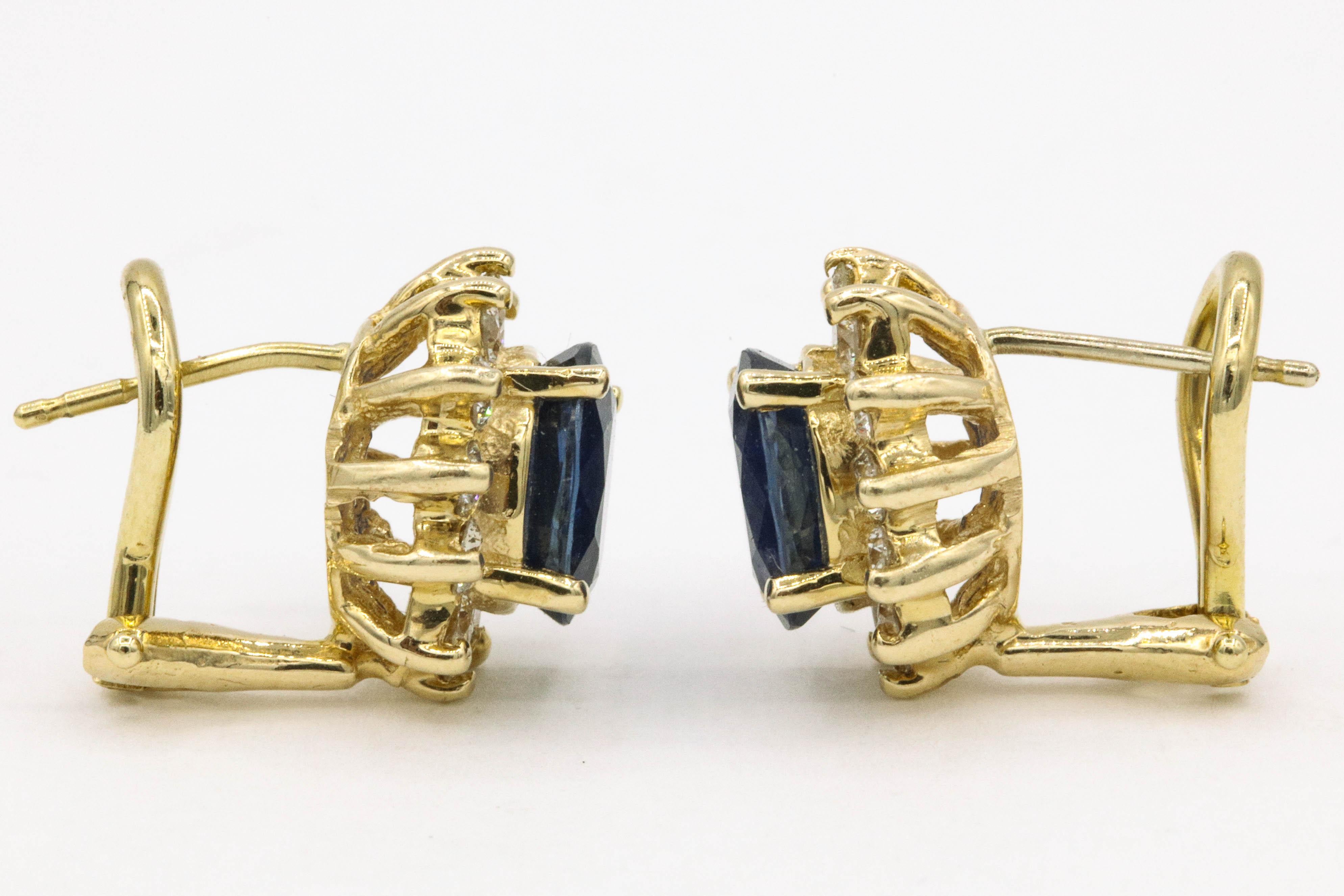 Contemporary Sapphire Diamond Halo Stud Earrings 4.14 Carat 14 Yellow Gold