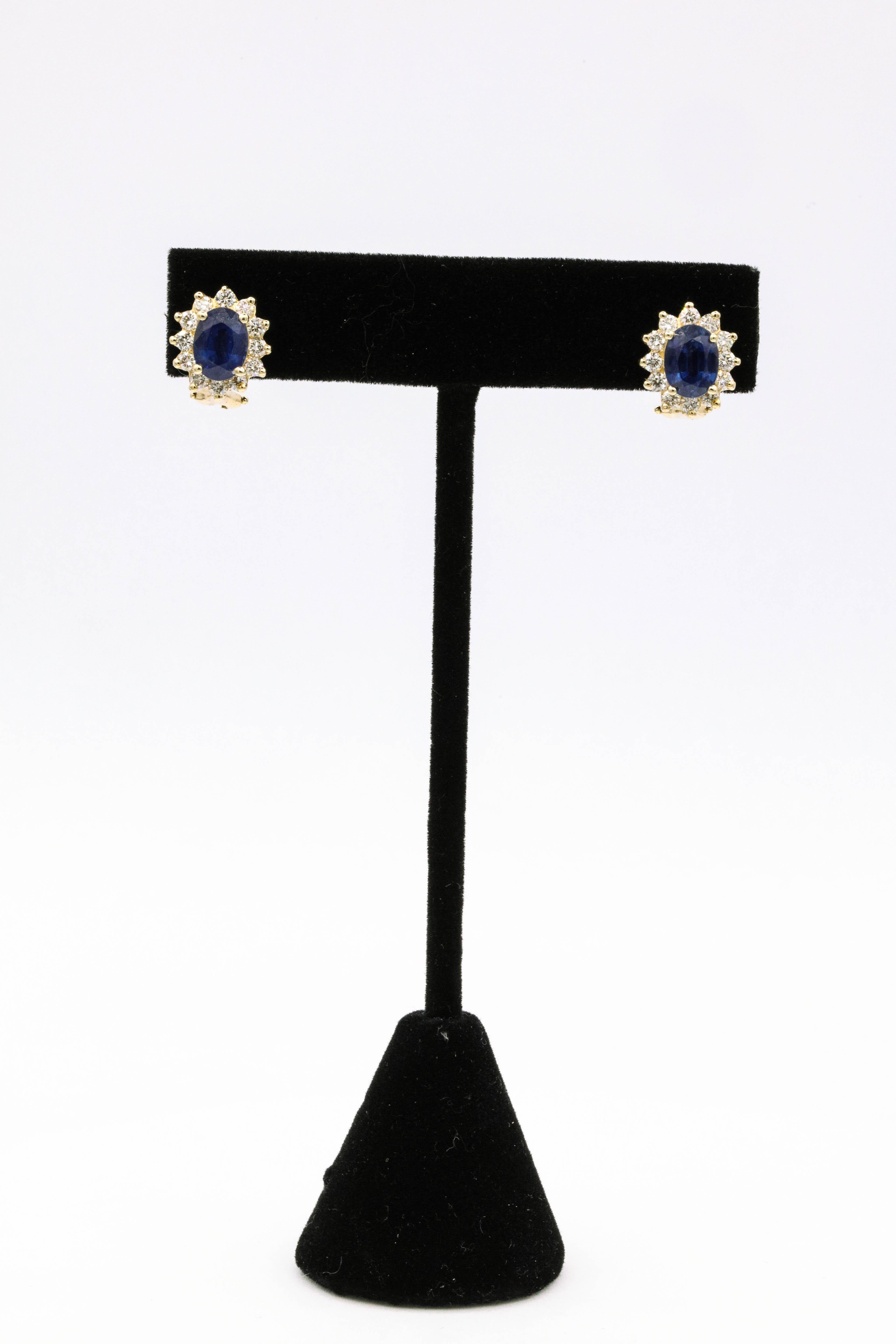 Oval Cut Sapphire Diamond Halo Stud Earrings 4.14 Carat 14 Yellow Gold
