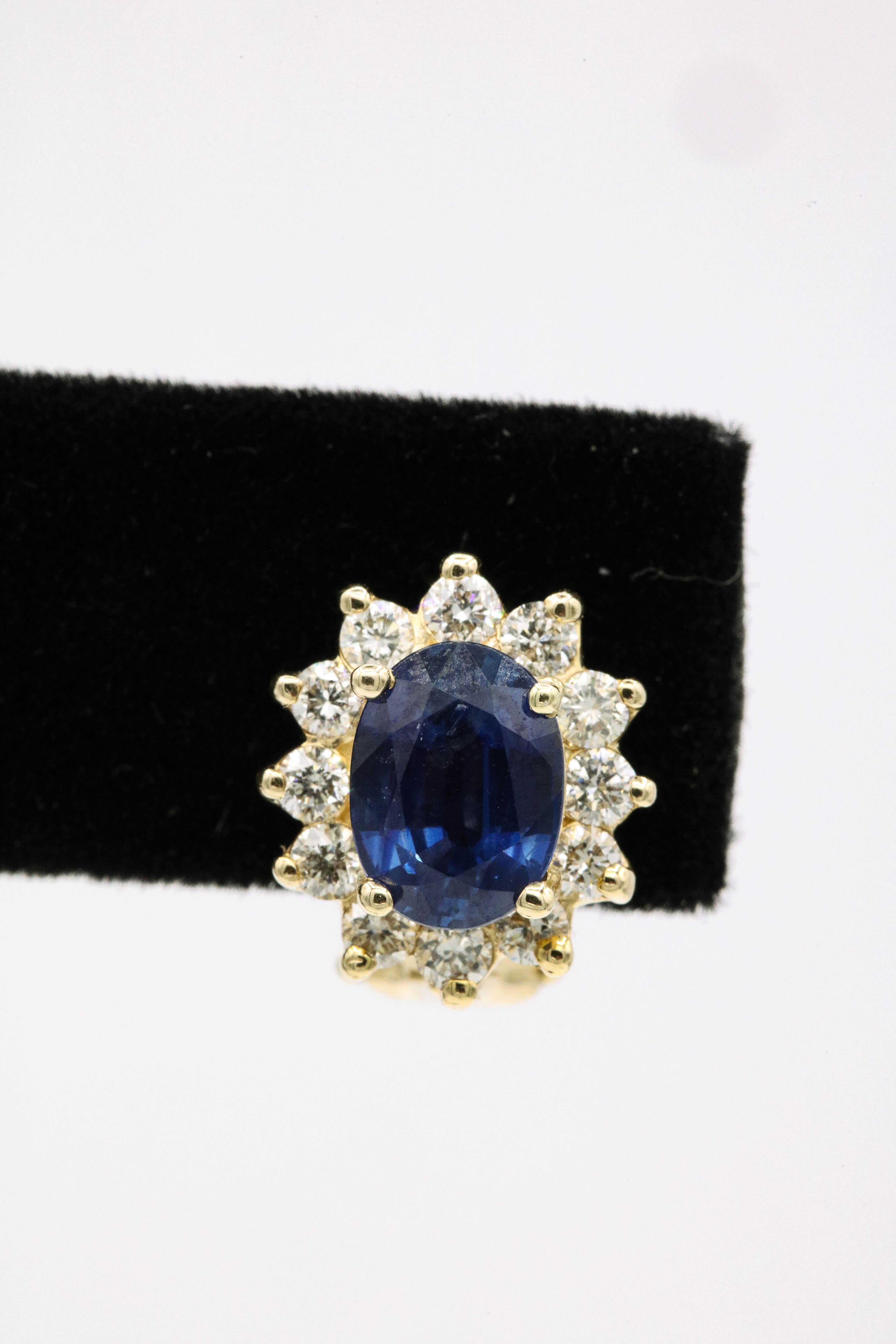 Sapphire Diamond Halo Stud Earrings 4.14 Carat 14 Yellow Gold In New Condition In New York, NY