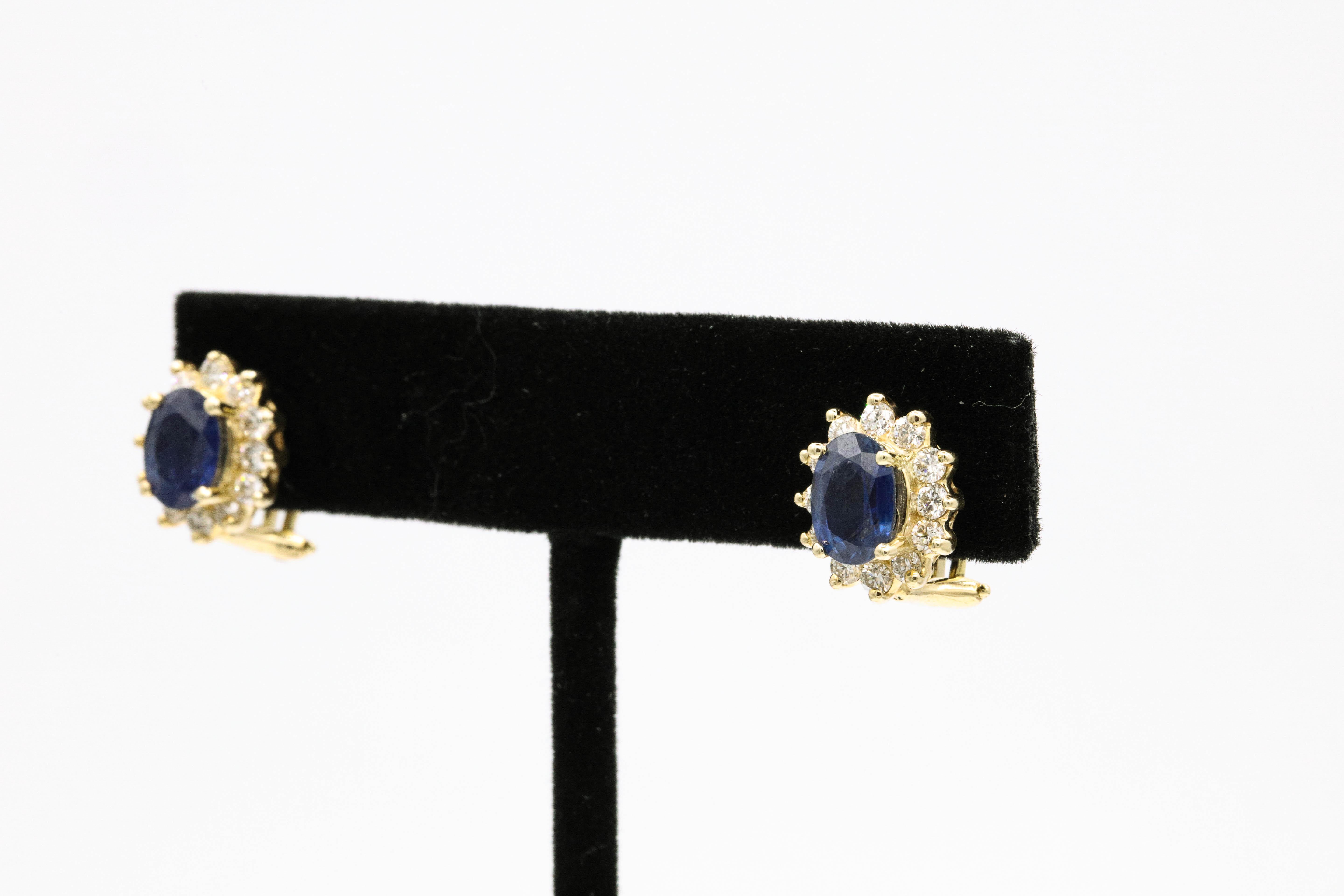 Women's Sapphire Diamond Halo Stud Earrings 4.14 Carat 14 Yellow Gold