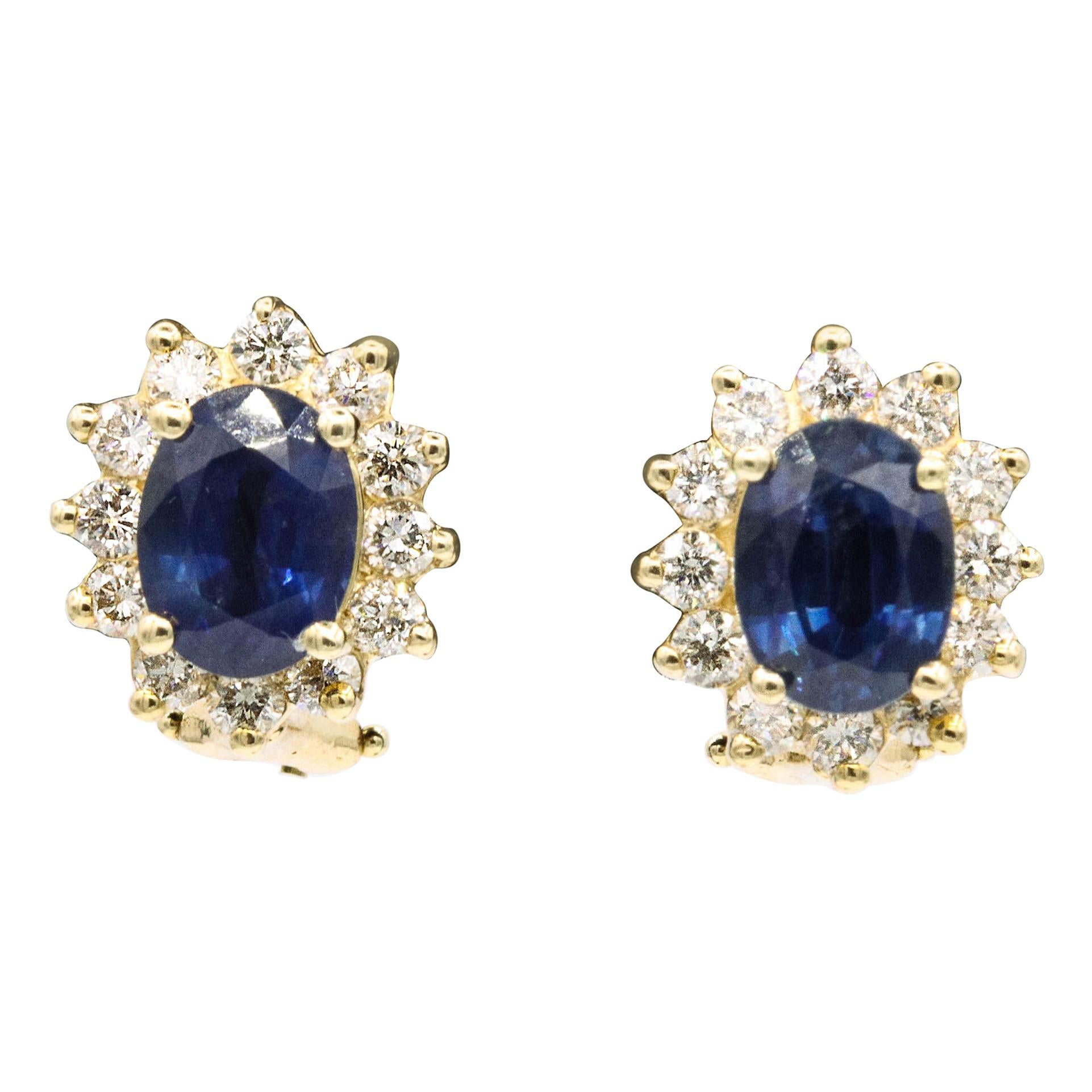 Sapphire Diamond Halo Stud Earrings 4.14 Carat 14 Yellow Gold