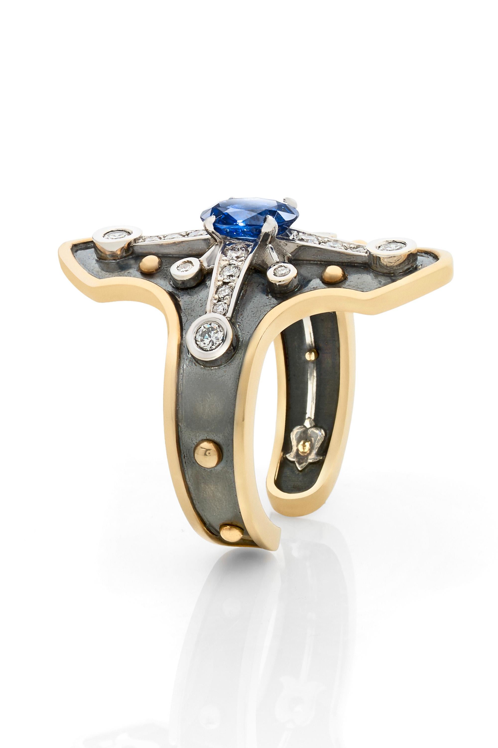 Cushion Cut Sapphire & Diamond Heaume Ring  in 18k Gold by Elie Top For Sale