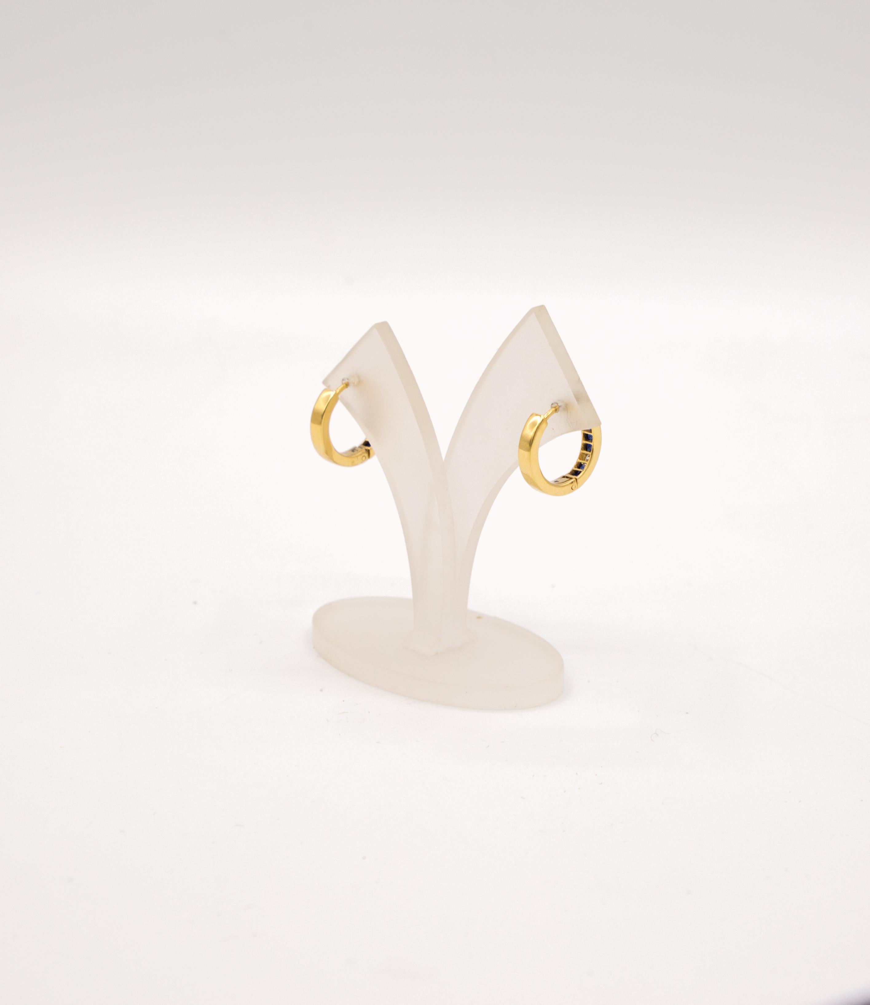 Women's or Men's sapphire diamond hoop earrings 18 k gold For Sale