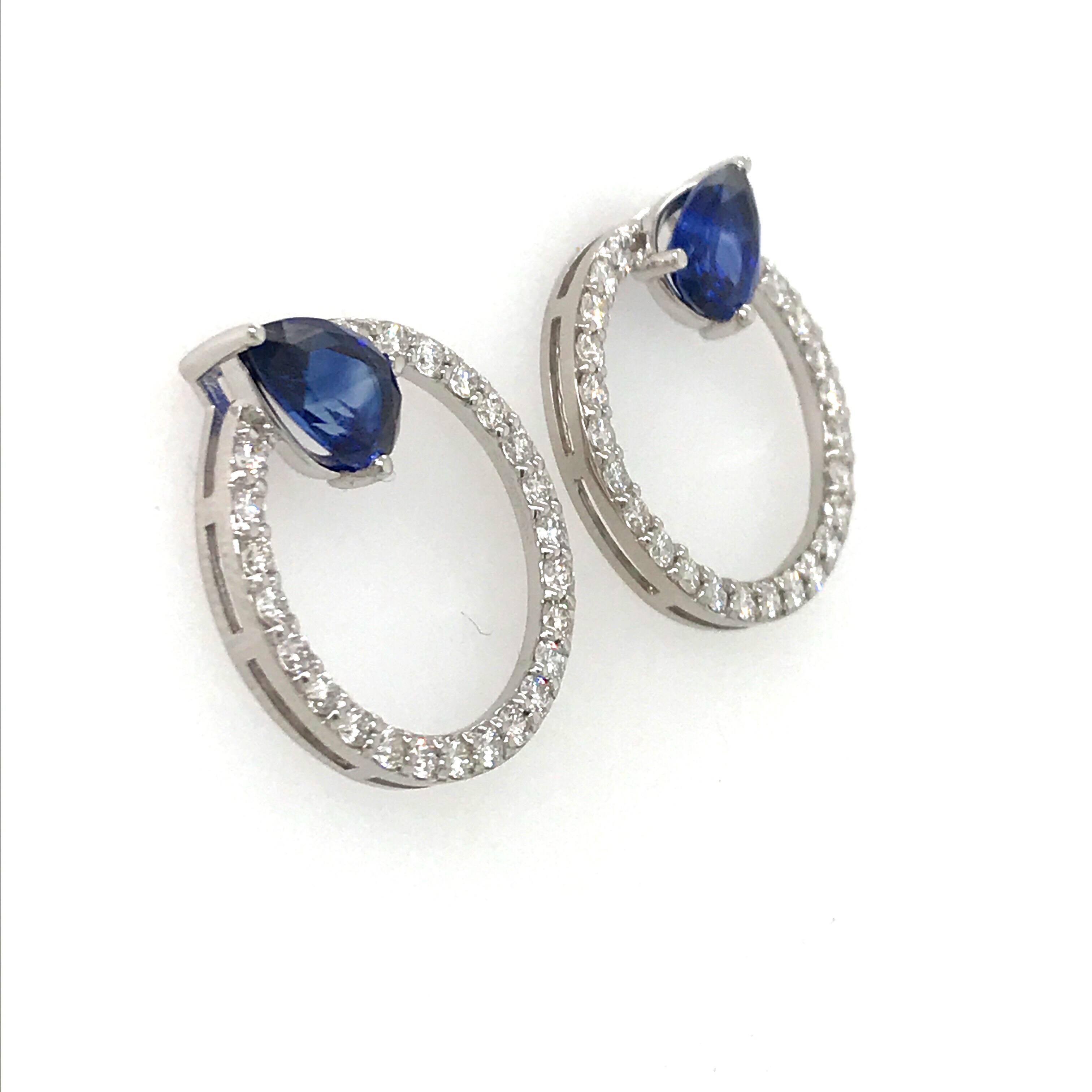 Pear Cut Sapphire Diamond Hoop Earrings 4.91 Carat 14 Karat White Gold