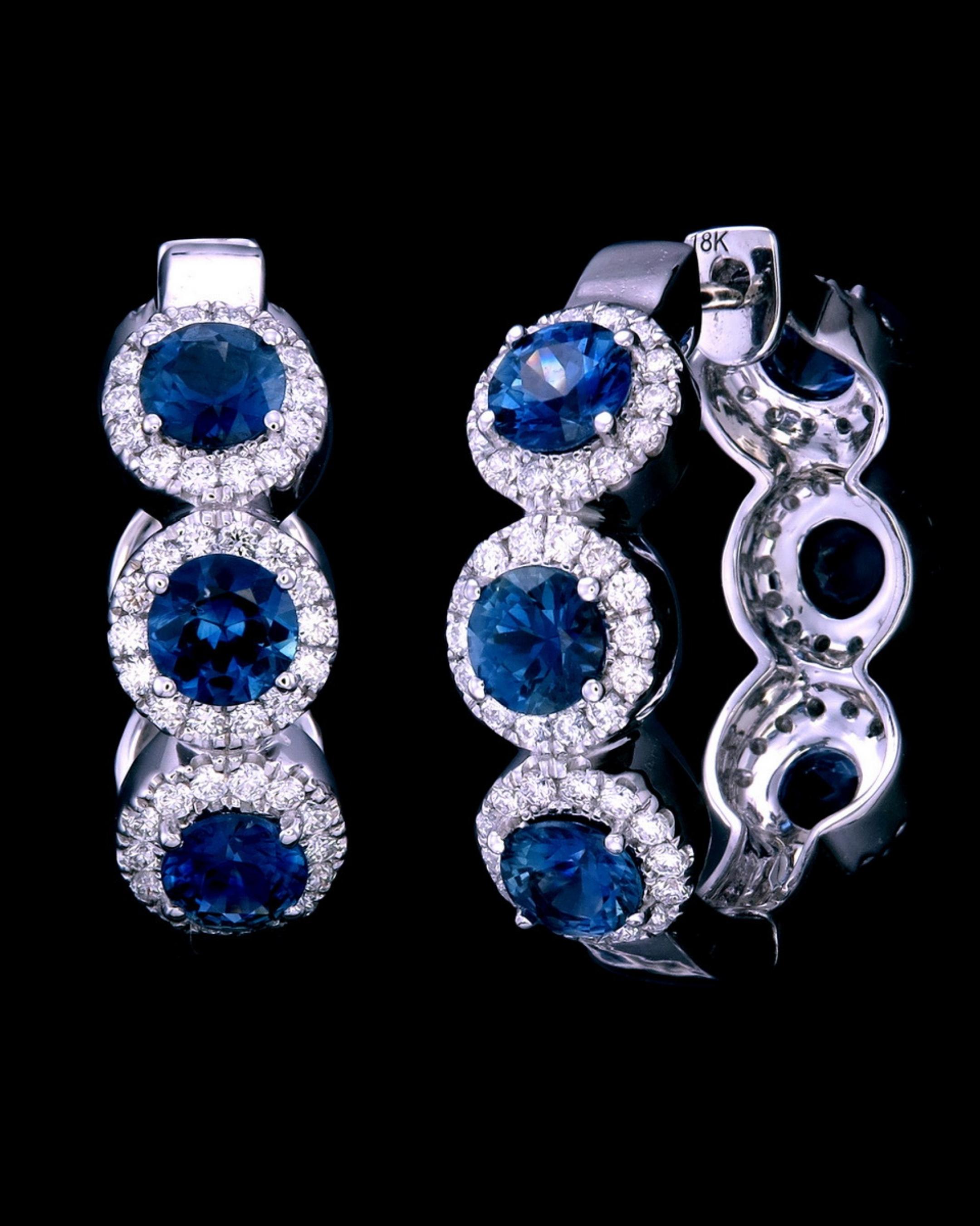Taglio brillante Orecchini a cerchio con zaffiro e diamante in oro bianco 18 carati in vendita