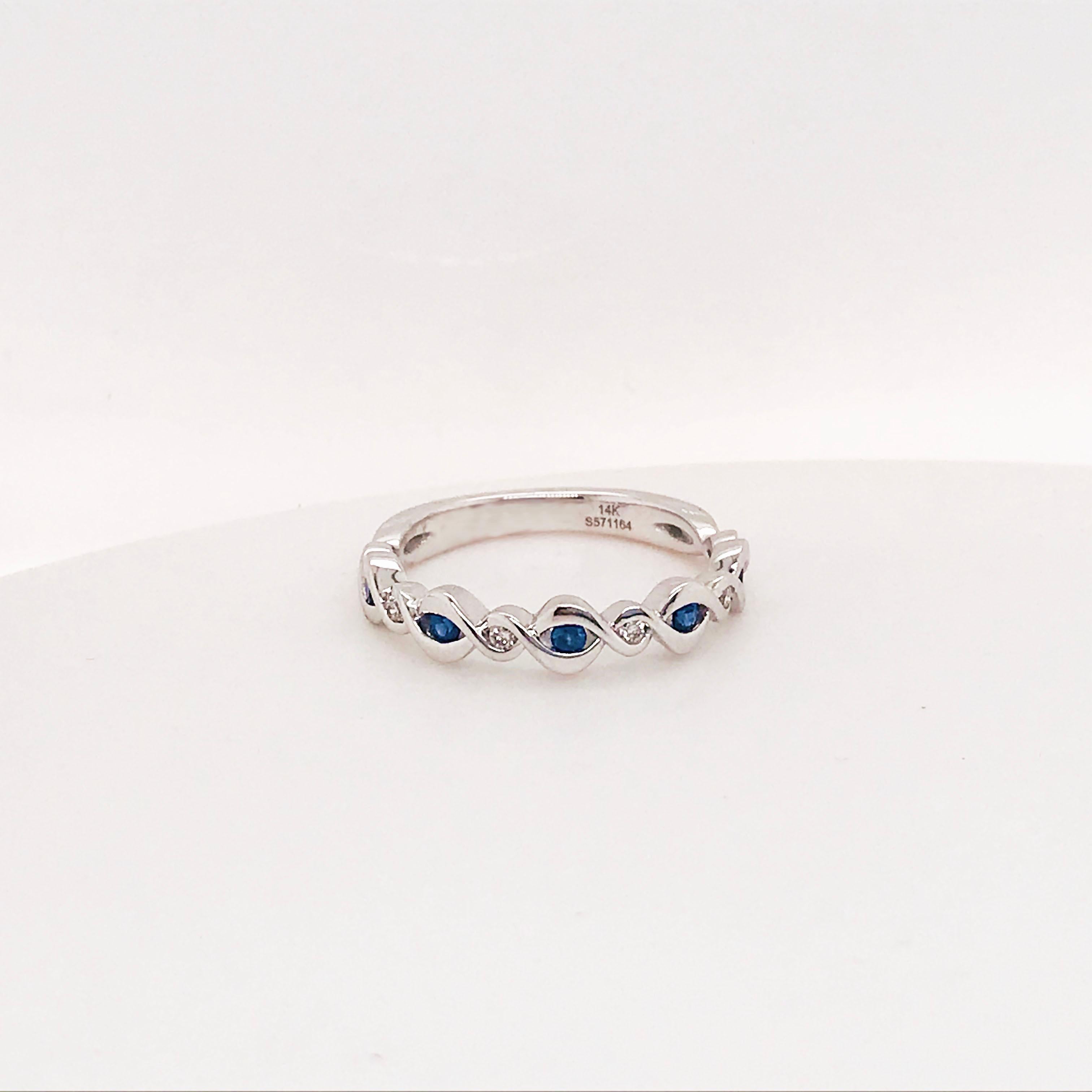 Blue sapphire and diamond band with whimsical forever design! This 14 karat white gold gorgeous band has genuine blue sapphire gemstones and natural round brilliant diamonds alternating in sequence. The blue sapphires and diamonds are set in