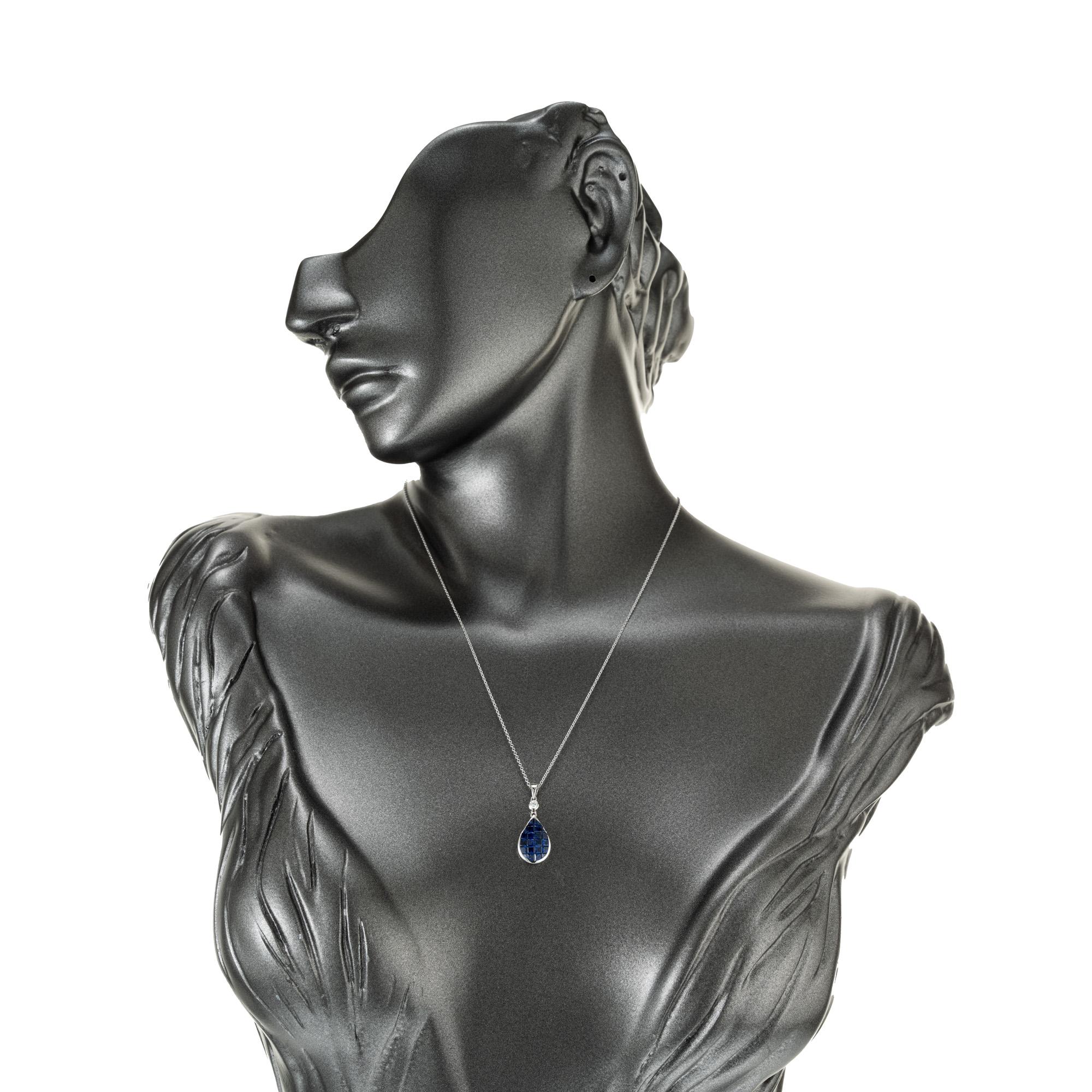 Sapphire Diamond Invisible Set White Gold Pendant Necklace For Sale 1