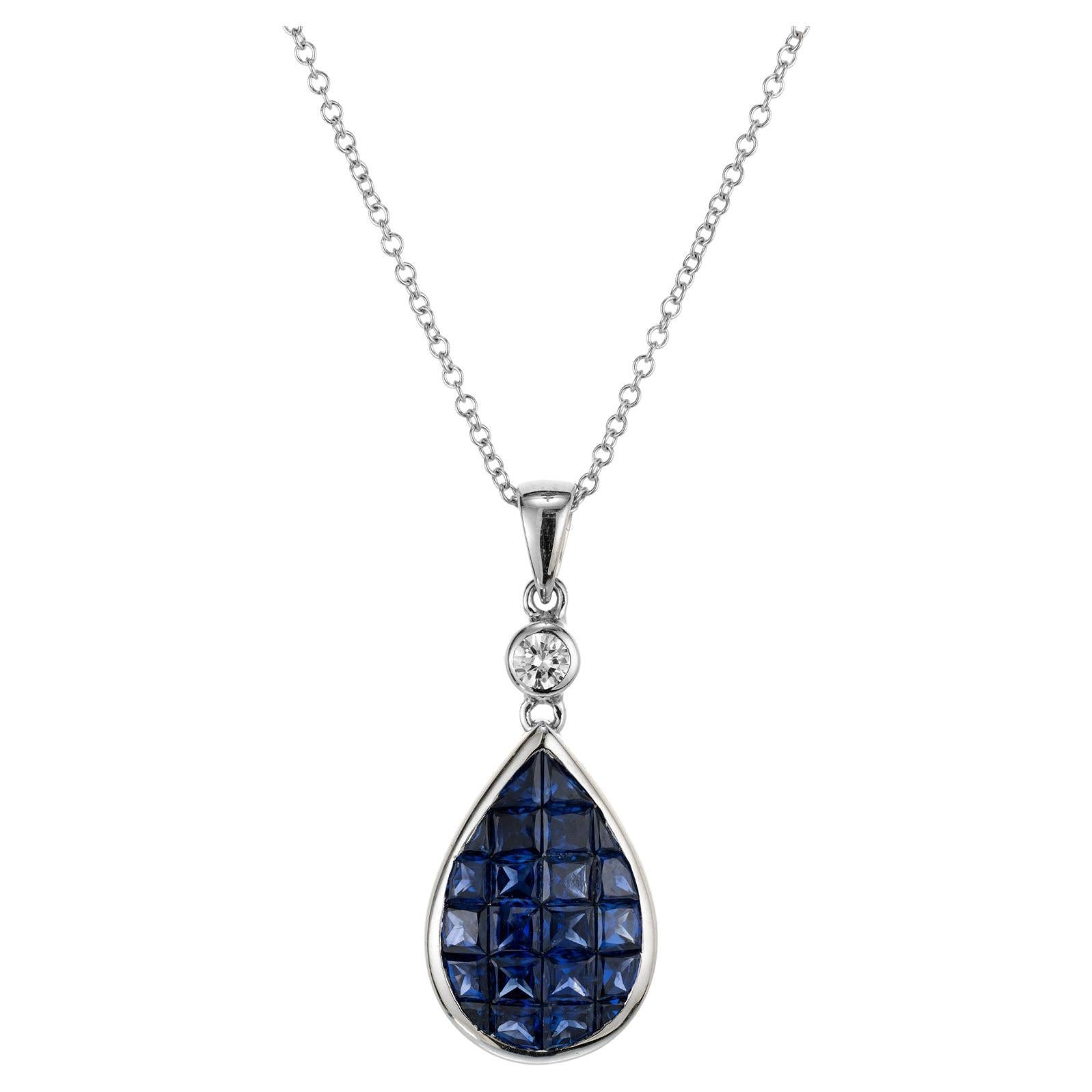 Sapphire Diamond Invisible Set White Gold Pendant Necklace For Sale