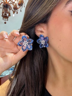 Sapphire, Diamond Large Cocktail Flower Earrings 23.71 carat Platinum