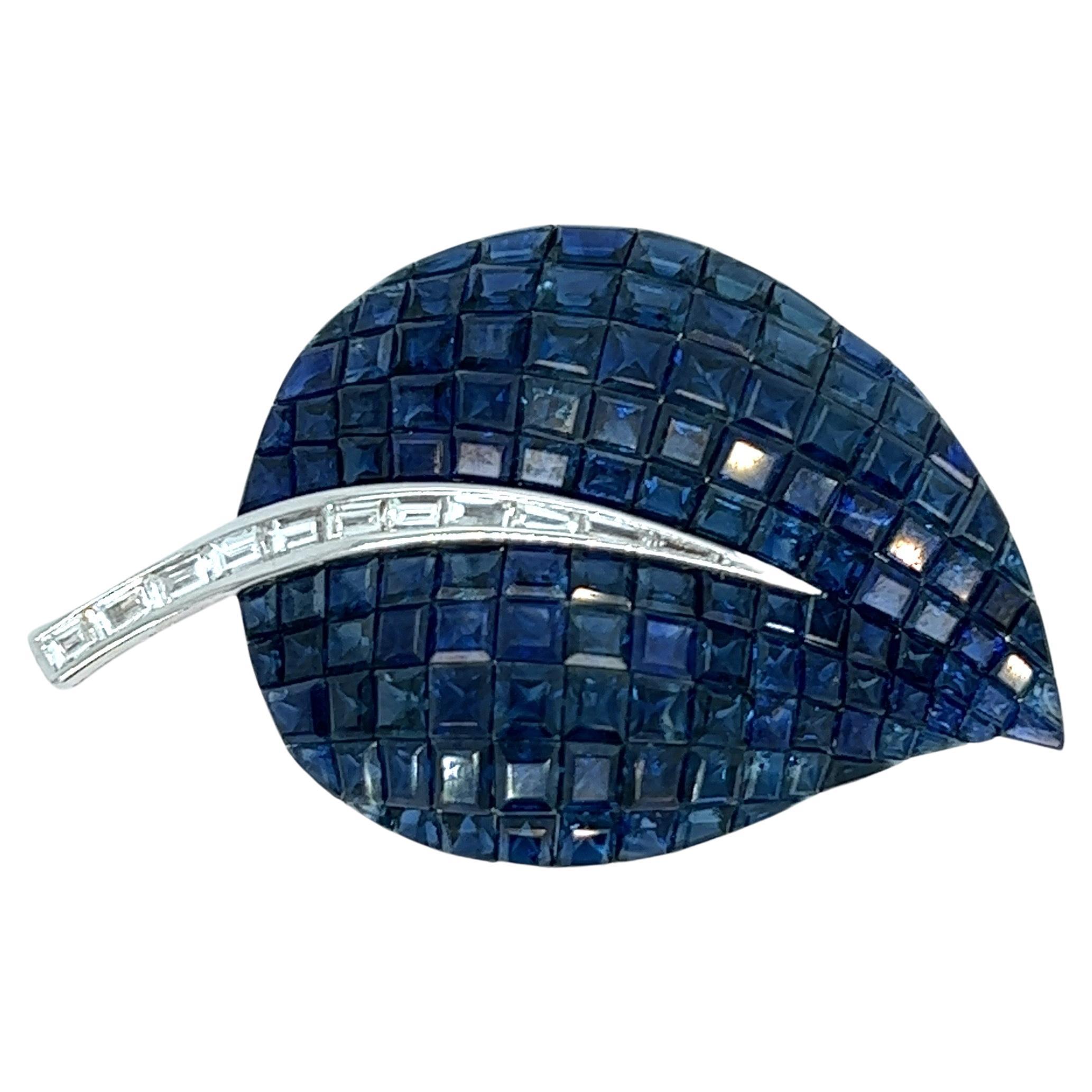 Sapphire Diamond Leaf Brooch For Sale