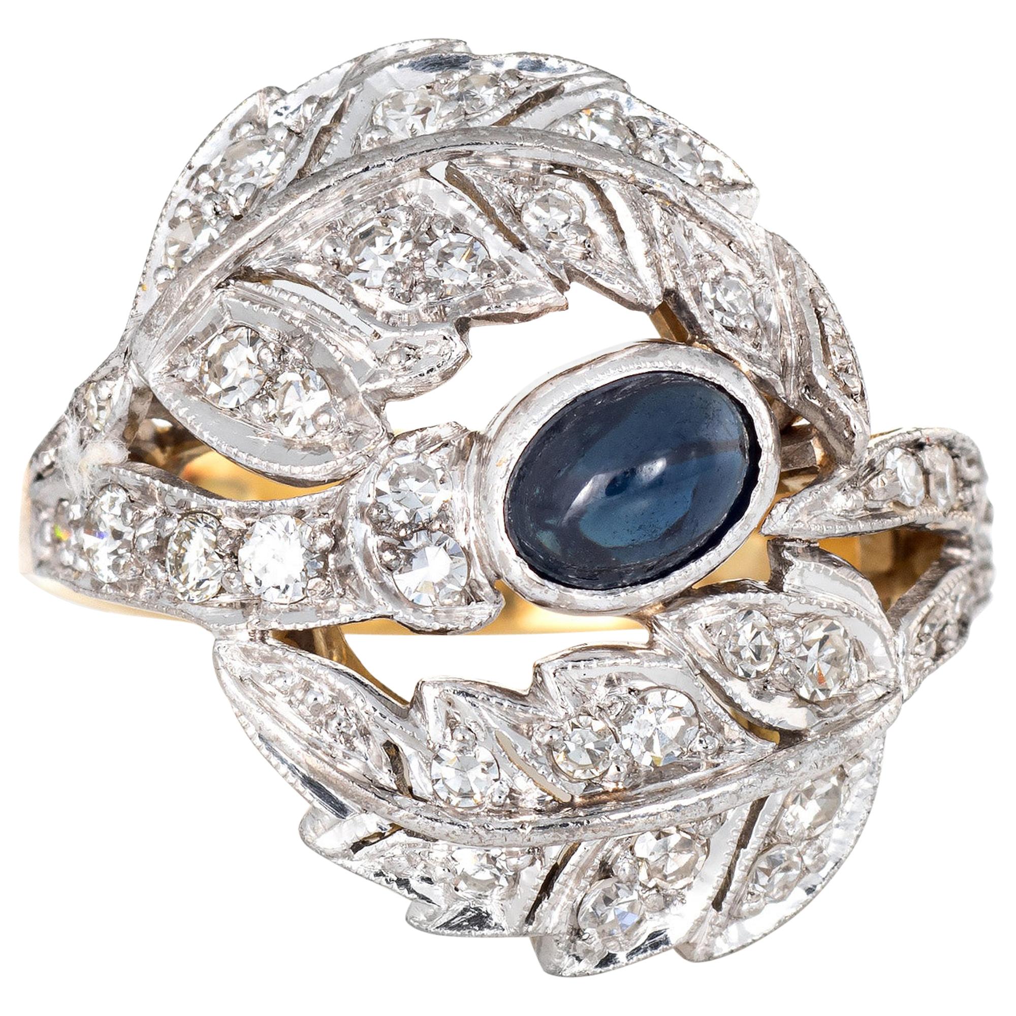 Sapphire Diamond Leaf Ring Vintage 18 Karat Yellow Gold Estate Fine Jewelry