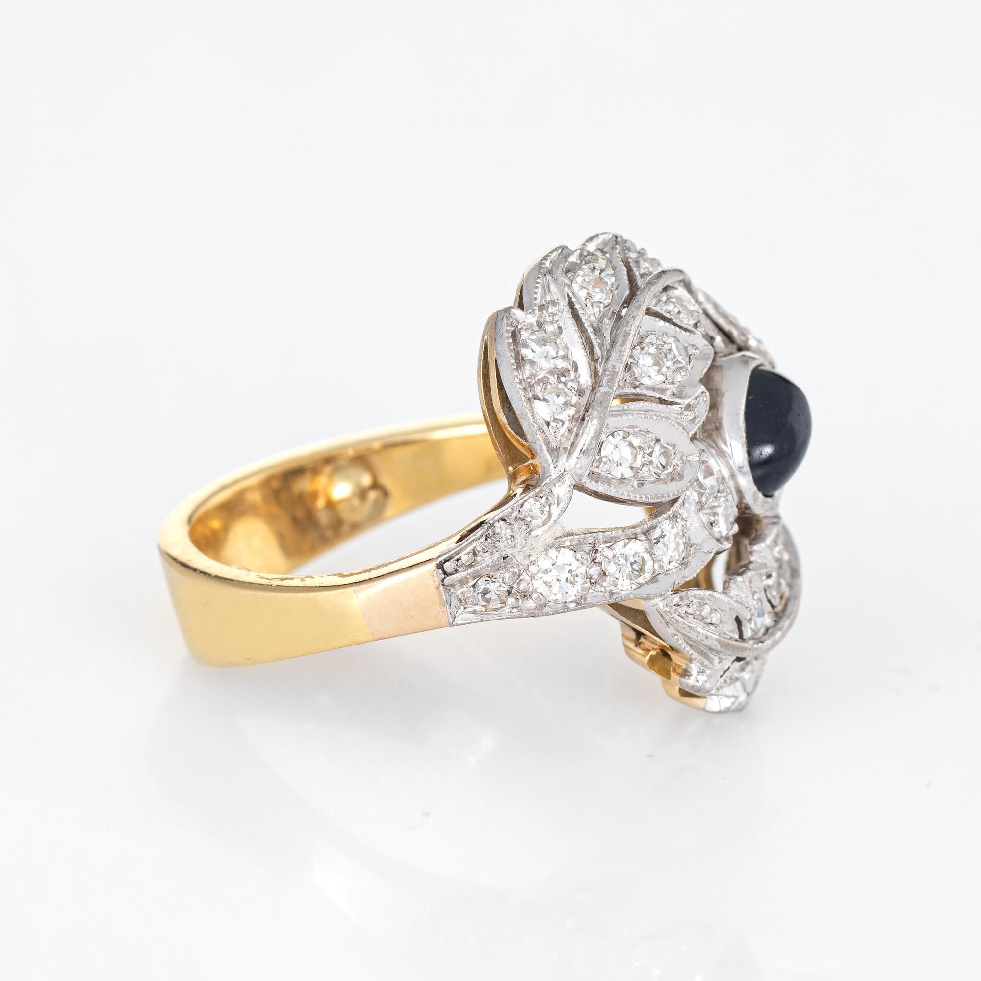 Modern Sapphire Diamond Leaf Ring Vintage 18 Karat Yellow Gold Estate Fine Jewelry