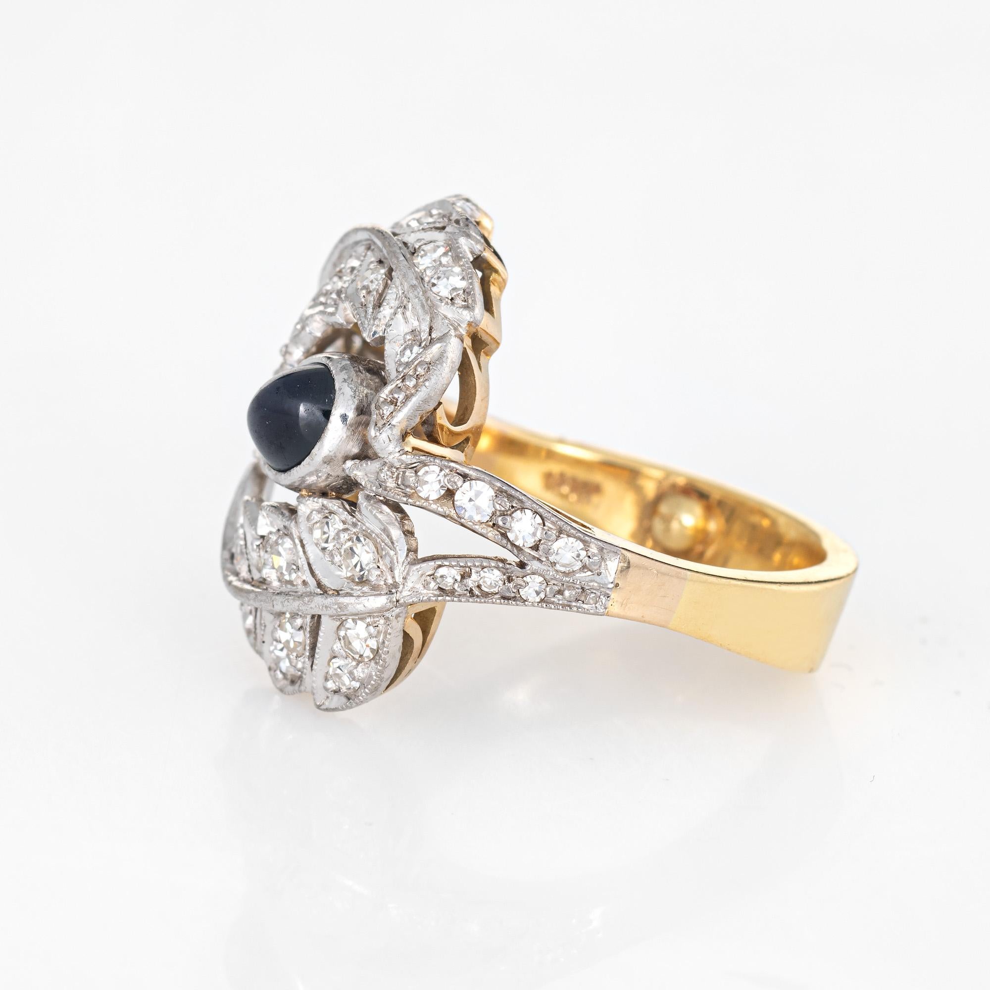 Oval Cut Sapphire Diamond Leaf Ring Vintage 18 Karat Yellow Gold Estate Fine Jewelry