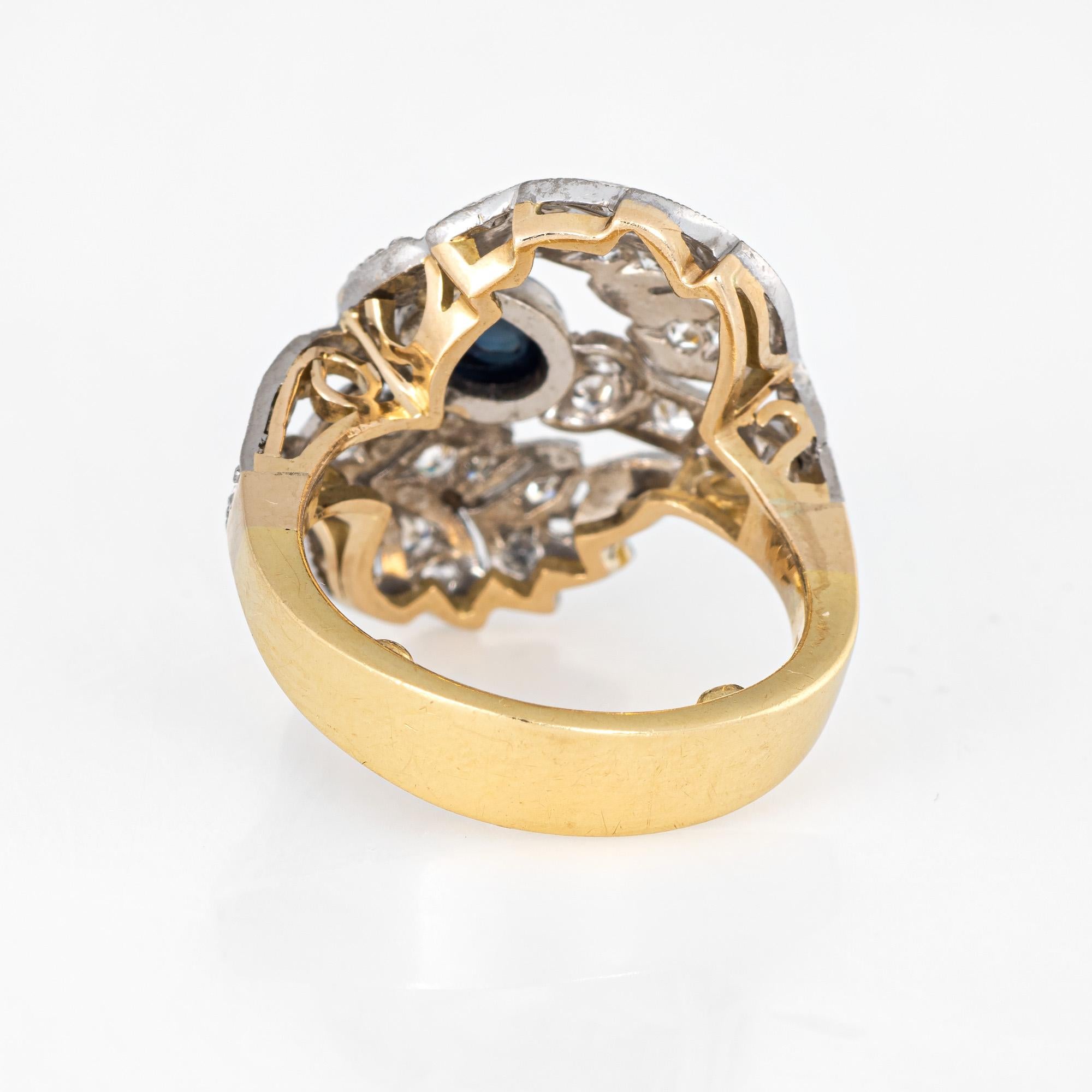 Sapphire Diamond Leaf Ring Vintage 18 Karat Yellow Gold Estate Fine Jewelry In Good Condition In Torrance, CA