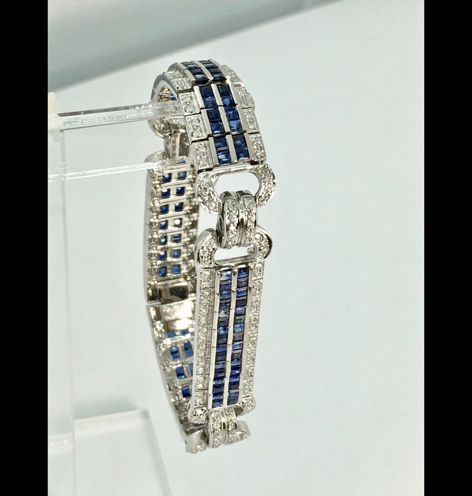Contemporary Sapphire Diamond Link Bracelet 18 Karat White Gold Estate Fine Jewelry For Sale