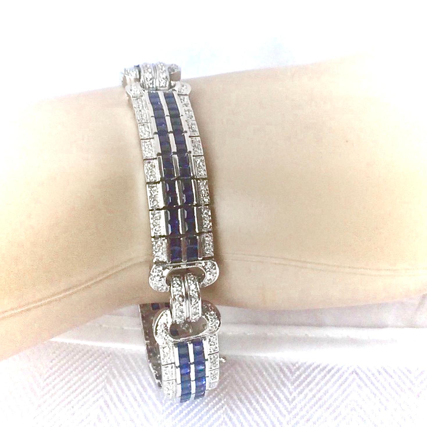 Sapphire Diamond Link Bracelet 18 Karat White Gold Estate Fine Jewelry For Sale 1