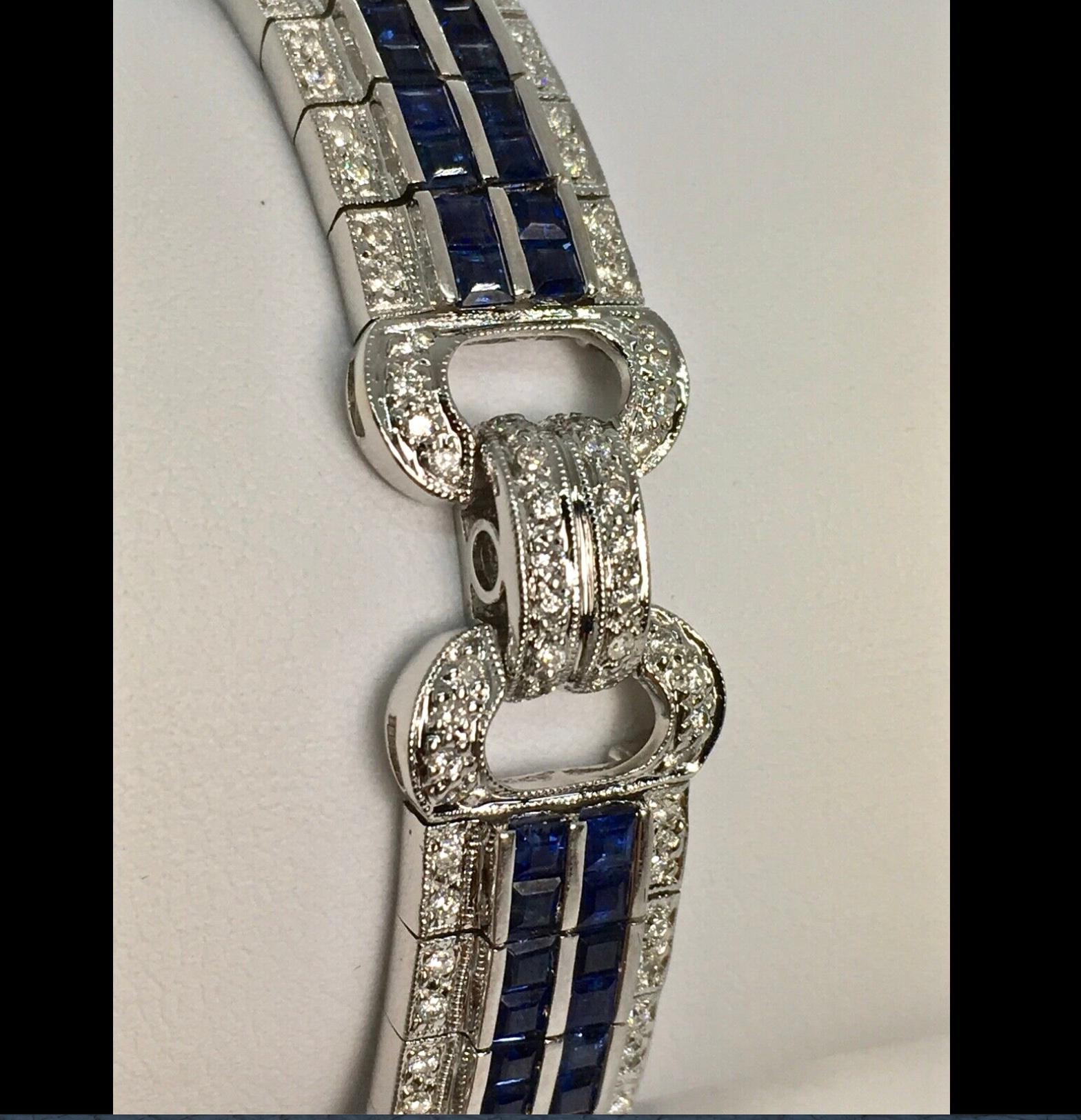 Women's Sapphire Diamond Link Bracelet 18 Karat White Gold Estate Fine Jewelry For Sale