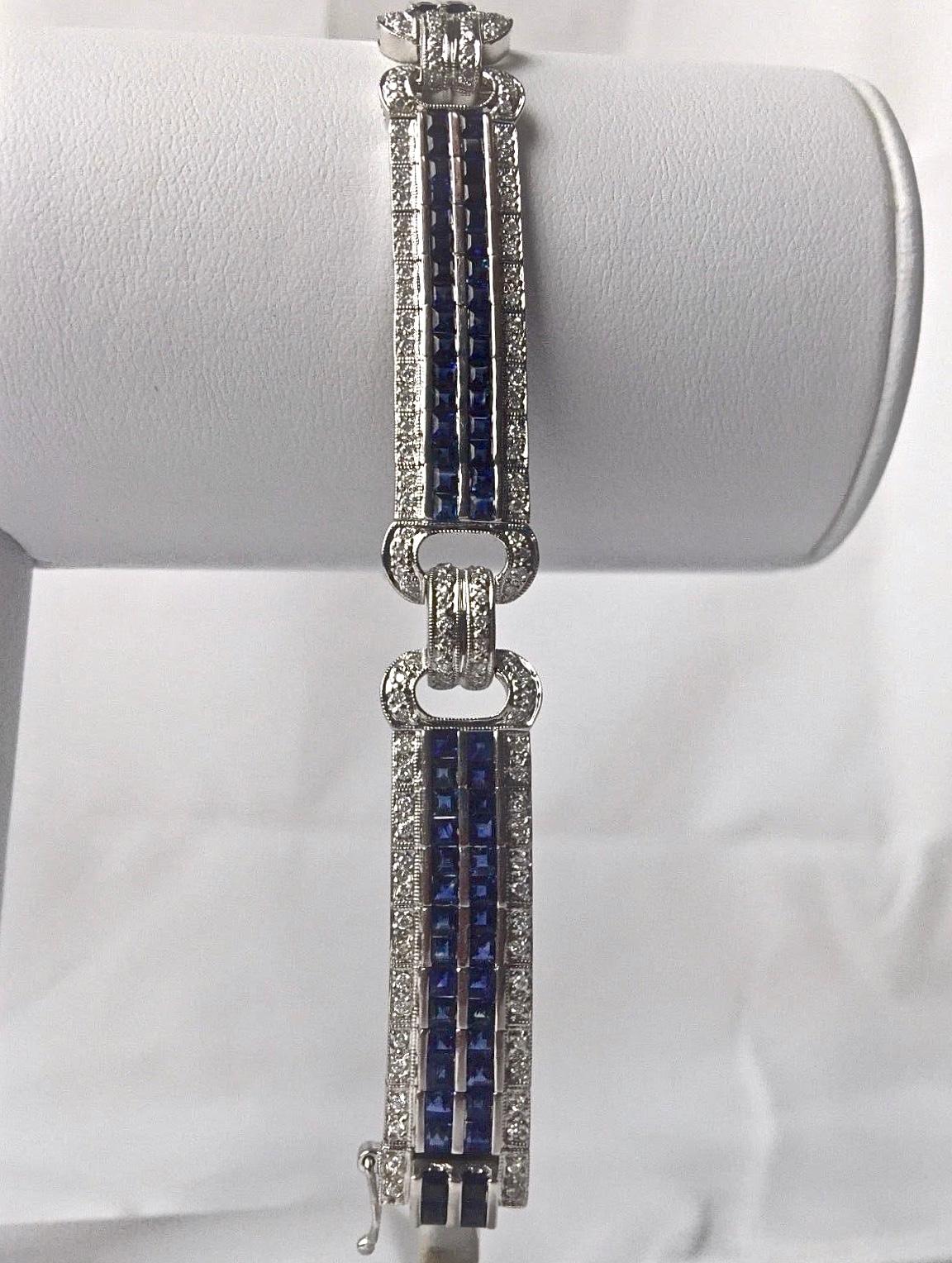 Sapphire Diamond Link Bracelet 18 Karat White Gold Estate Fine Jewelry For Sale 3