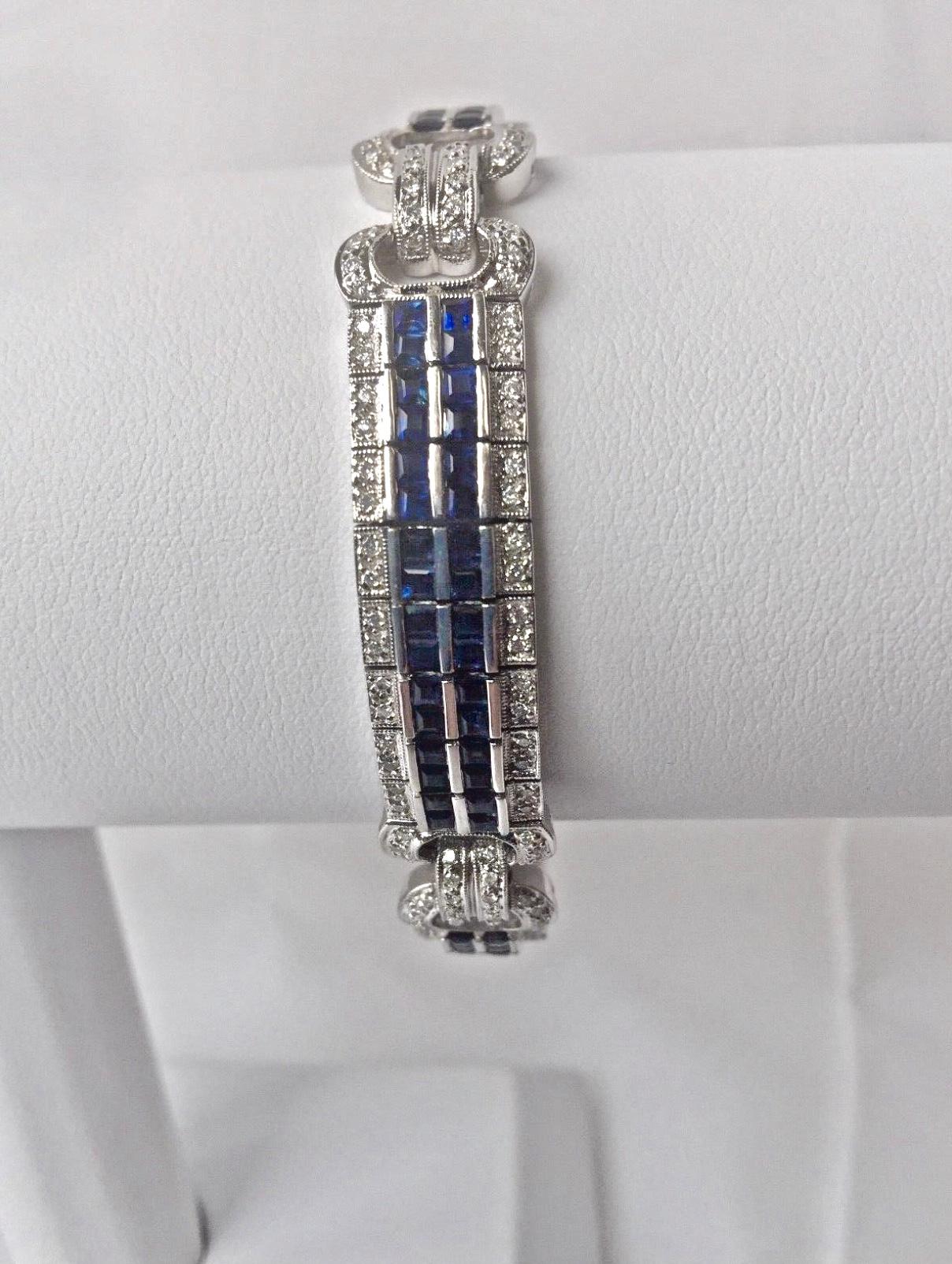 Sapphire Diamond Link Bracelet 18 Karat White Gold Estate Fine Jewelry For Sale 6