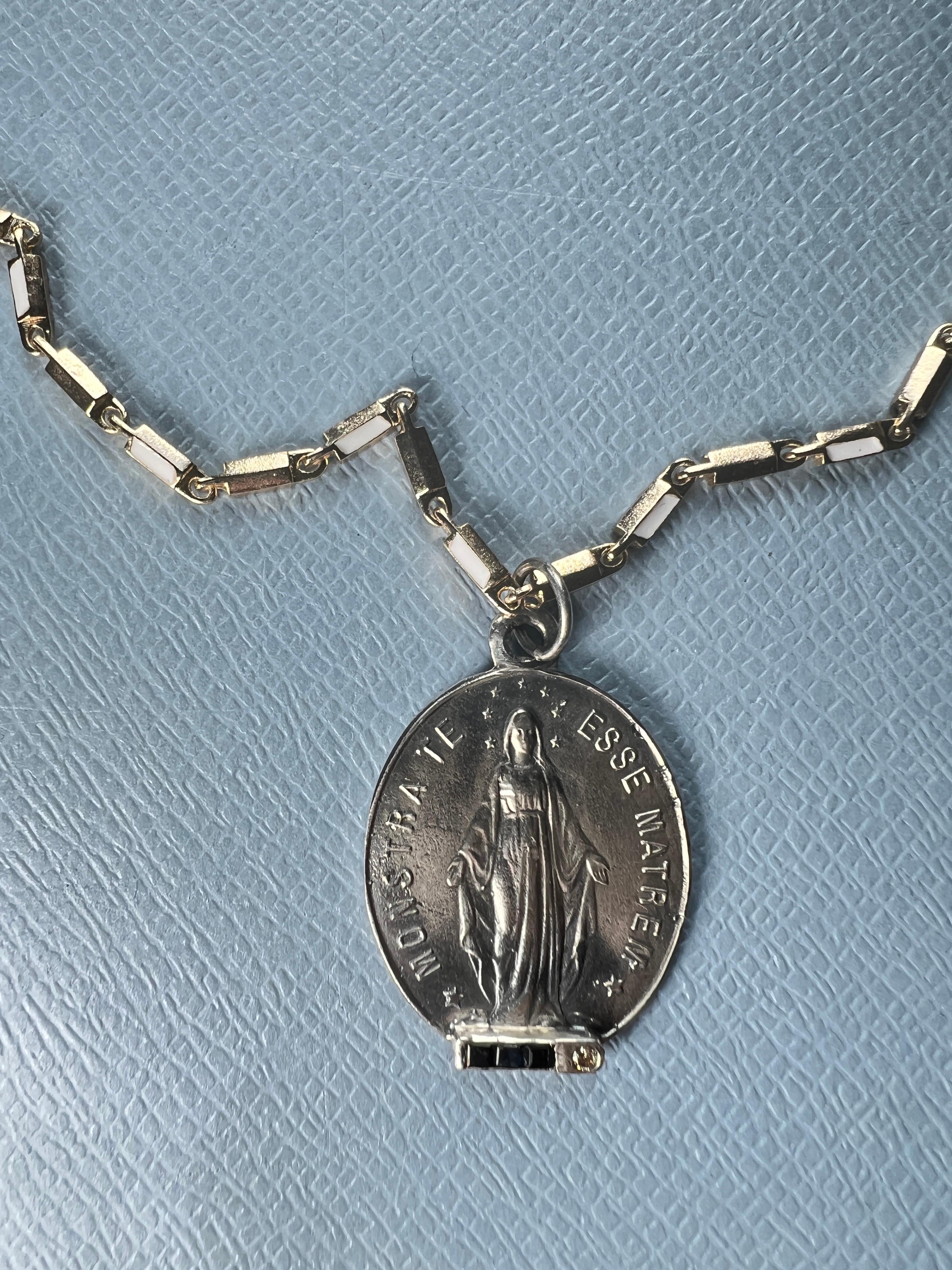 Early Victorian Miraculous Medal Oval Chain Necklace Sapphire Diamond For Sale