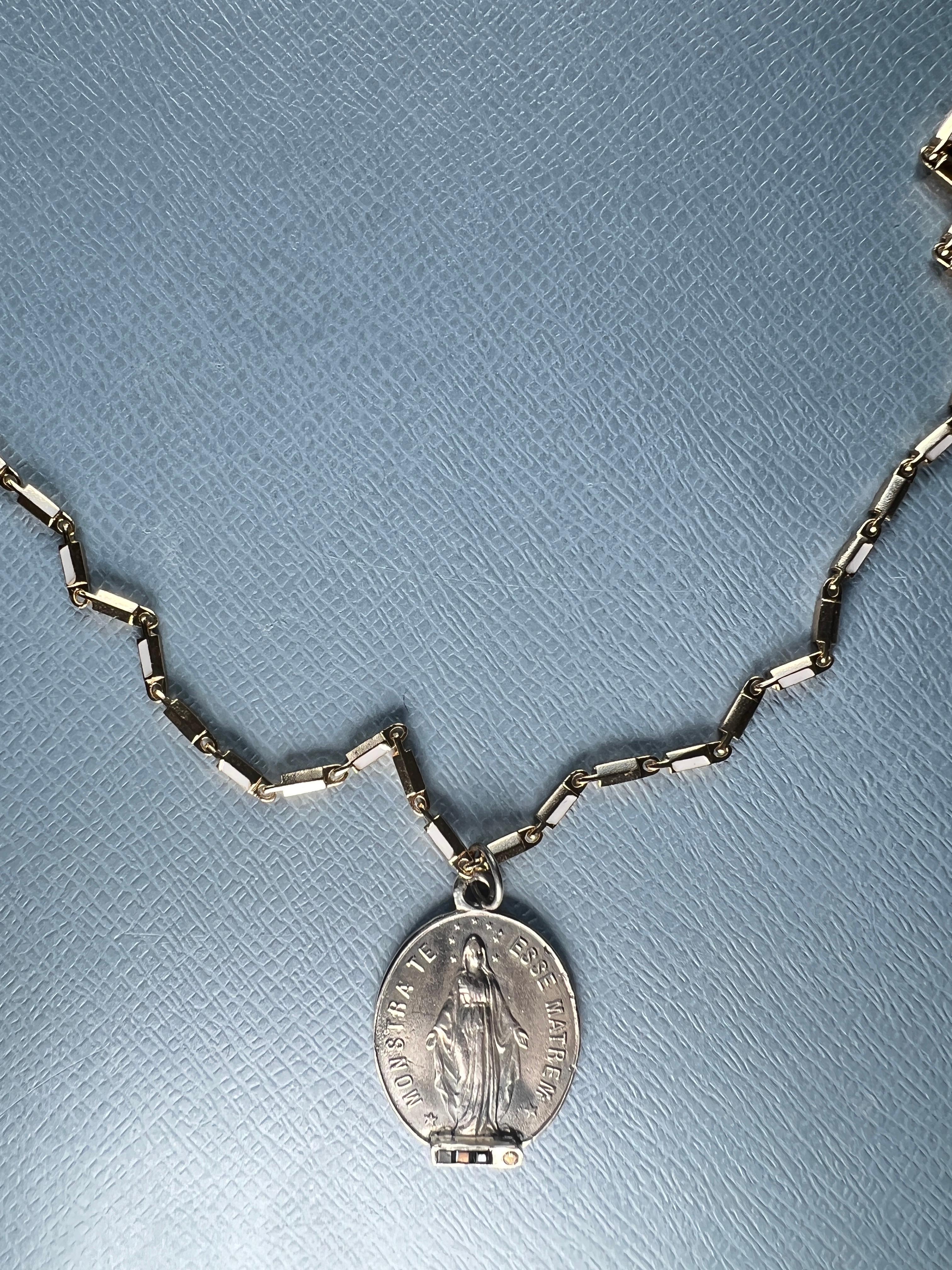 Miraculous Medal Oval Chain Necklace Sapphire Diamond In New Condition For Sale In Los Angeles, CA