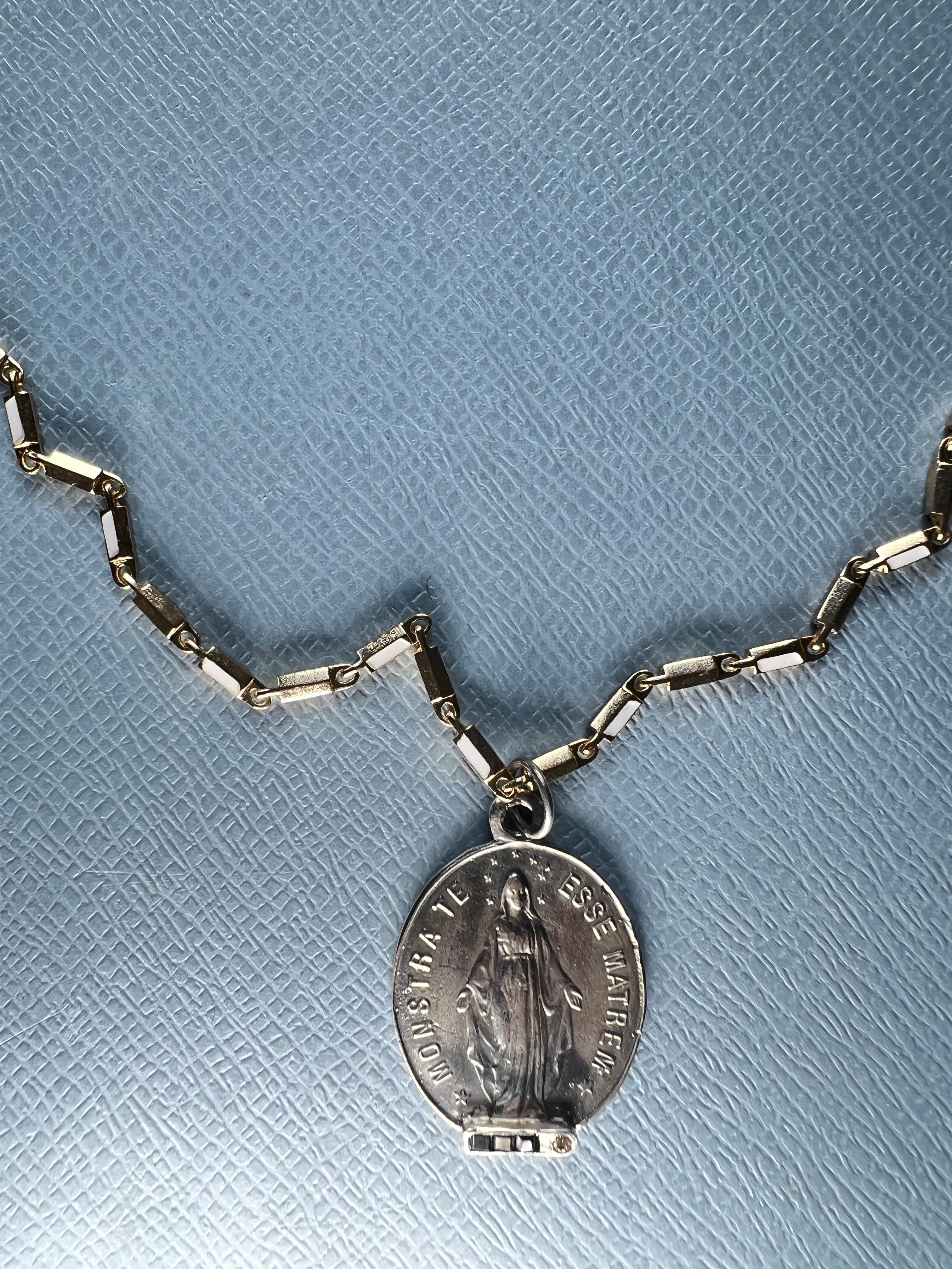 Women's Miraculous Medal Oval Chain Necklace Sapphire Diamond For Sale