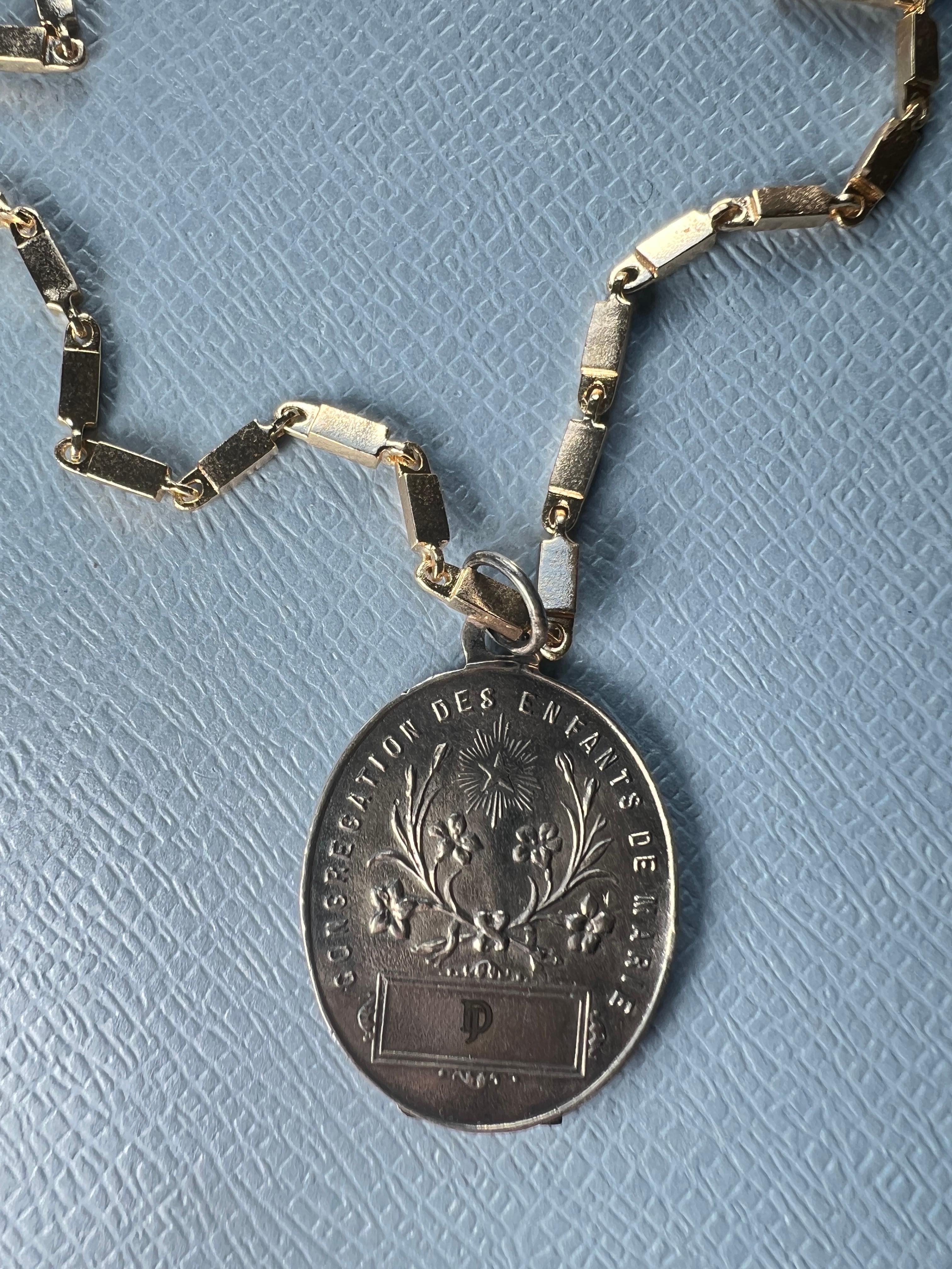 Miraculous Medal Oval Chain Necklace Sapphire Diamond For Sale 1