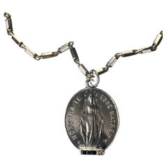 Miraculous Medal Oval Chain Necklace Sapphire Diamond