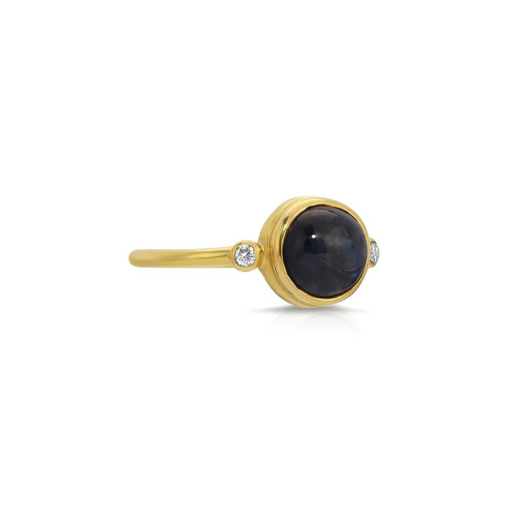Sapphire Micro Dome Diamond Ring featuring a dome sapphire set either side with bezel set diamonds in a contemporary style signet ring.

- Natural cabochon Sapphire approx 3 carats.
- Brilliant cut diamonds 0.16 carats.
- Set in 22 karat gold