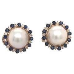 Sapphire Diamond Mob Pearl Stud Earrings 14 Karat Yellow Gold