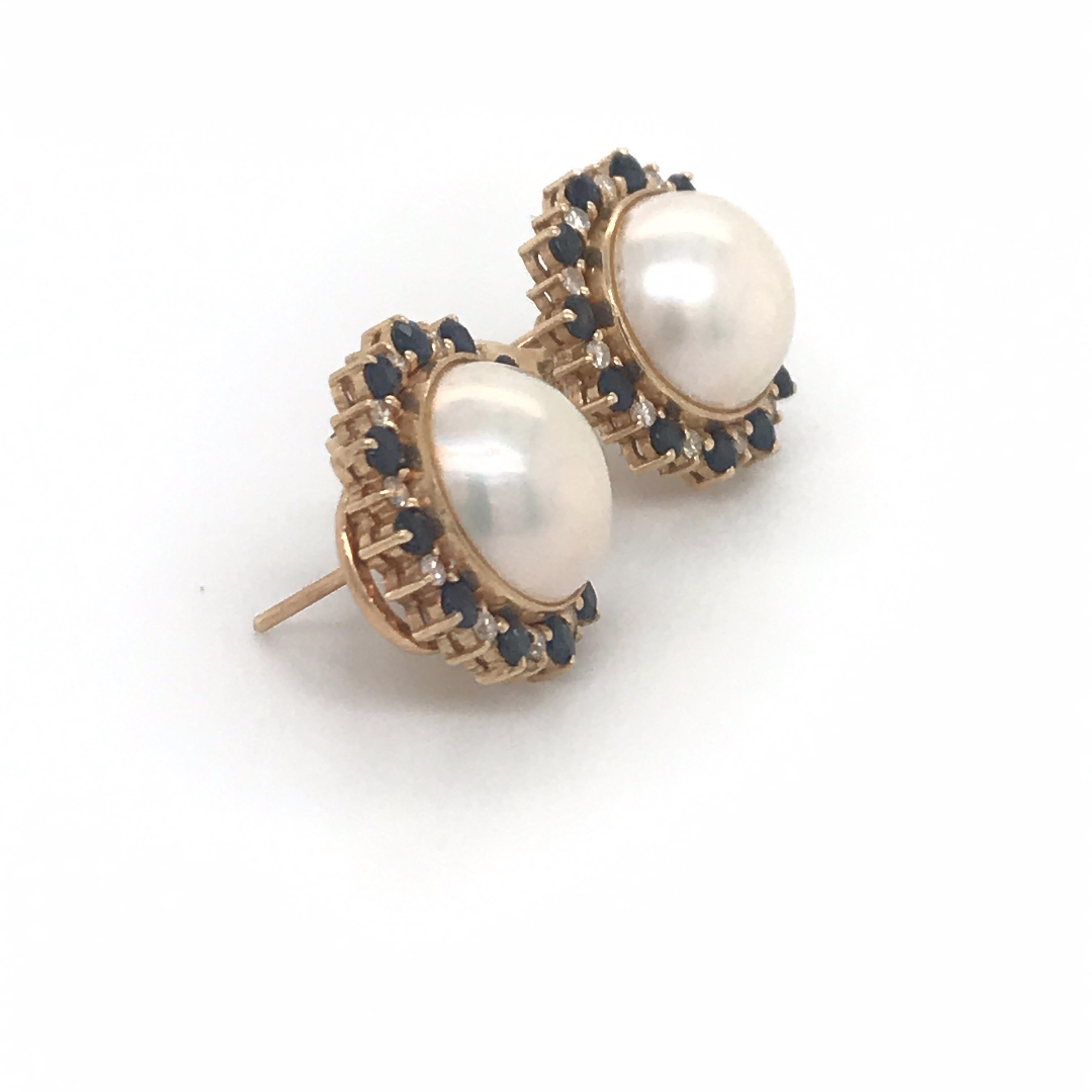 Contemporary Sapphire Diamond Mob Pearl Stud Earrings 14 Karat Yellow Gold