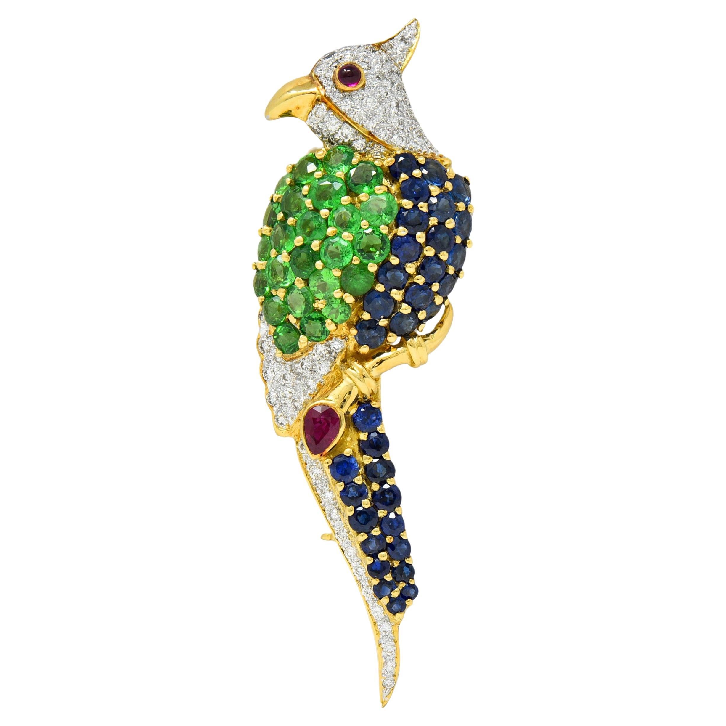 Saphir Diamant Multi-Gem Or jaune 18 carats Broche Oiseau Cockatiel Vintage
