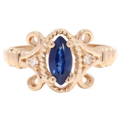 Vintage Sapphire Diamond Navette Ring, 14K Yellow Gold, Ring
