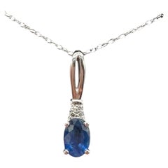 Sapphire Diamond Necklace 10kt White Gold Oval Blue Sapphire 18in New