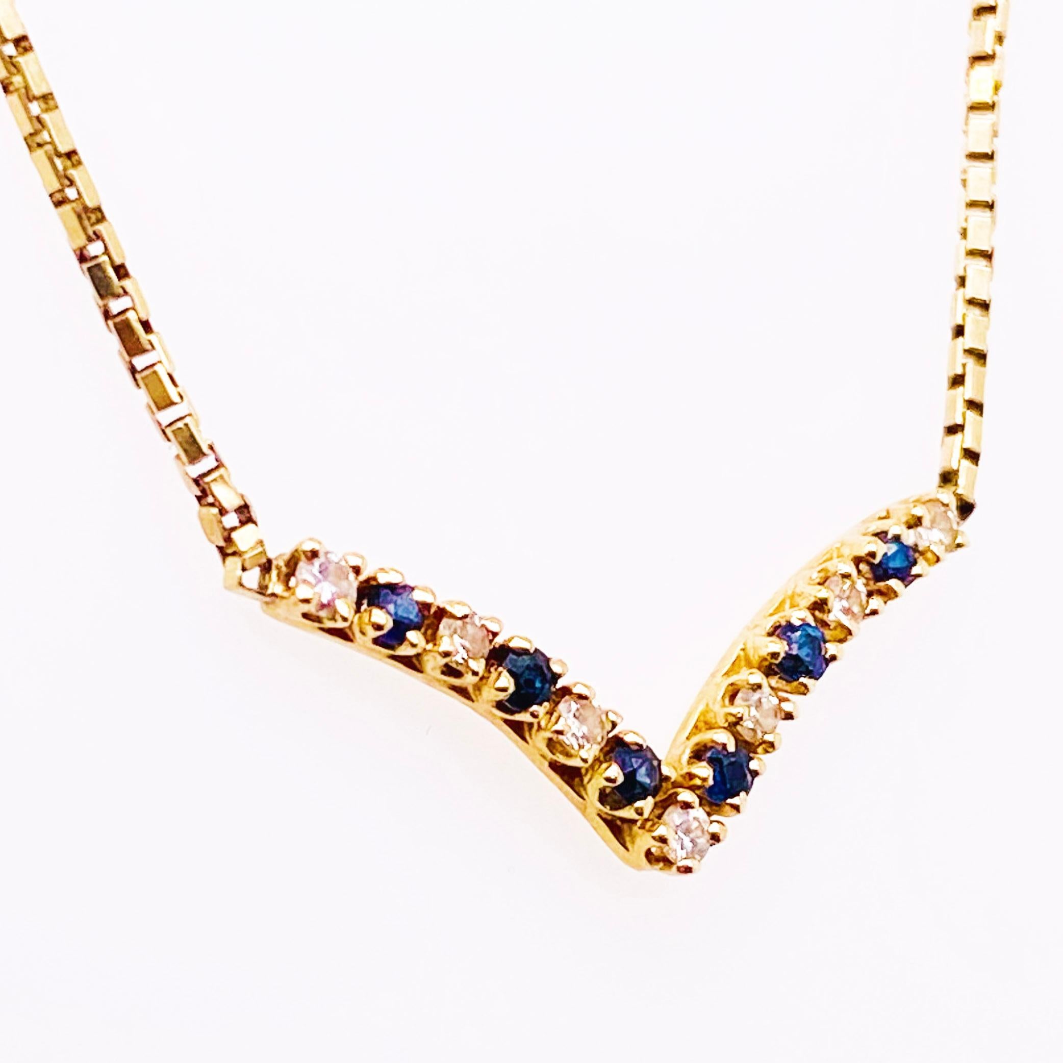 The chevron shape is the 2020 favorite necklace!!!  This blue sapphire and white diamond V necklace is stunningly beautiful! This 14k plumb necklace is very modern yet classic! This necklace is classy enough to pair easily with formal wear, yet is
