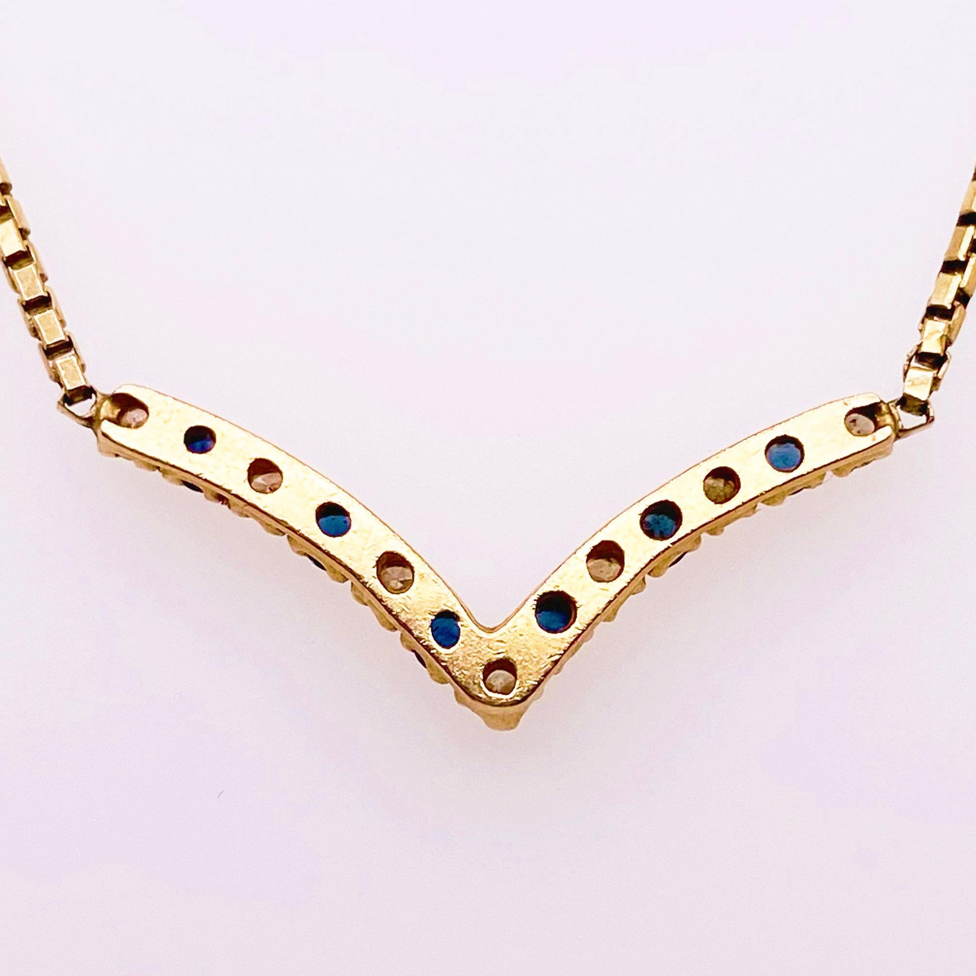 Round Cut Sapphire Diamond Necklace, Blue Sapphire, V Necklace, Chevron, Heavy Box Chain For Sale