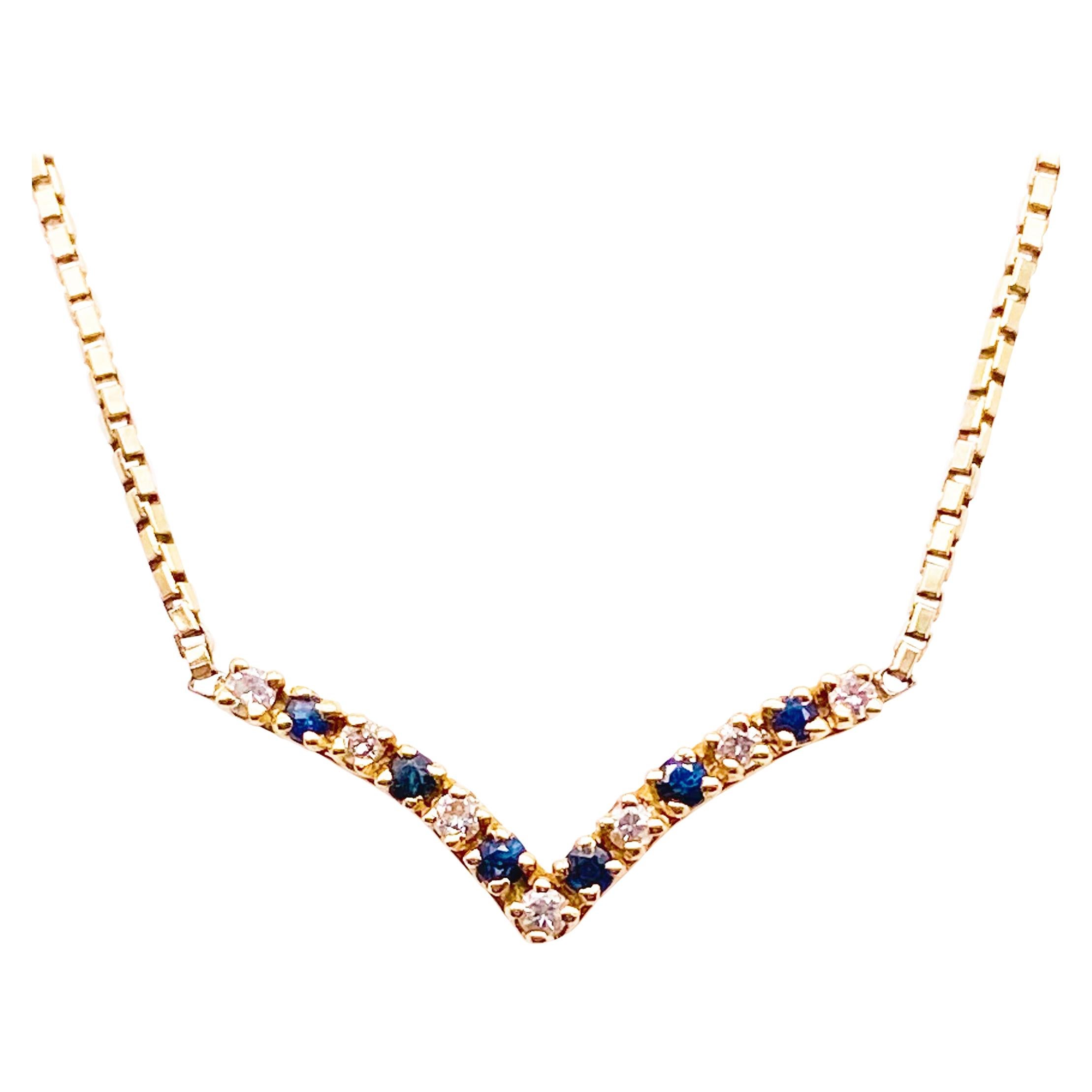 Sapphire Diamond Necklace, Blue Sapphire, V Necklace, Chevron, Heavy Box Chain For Sale