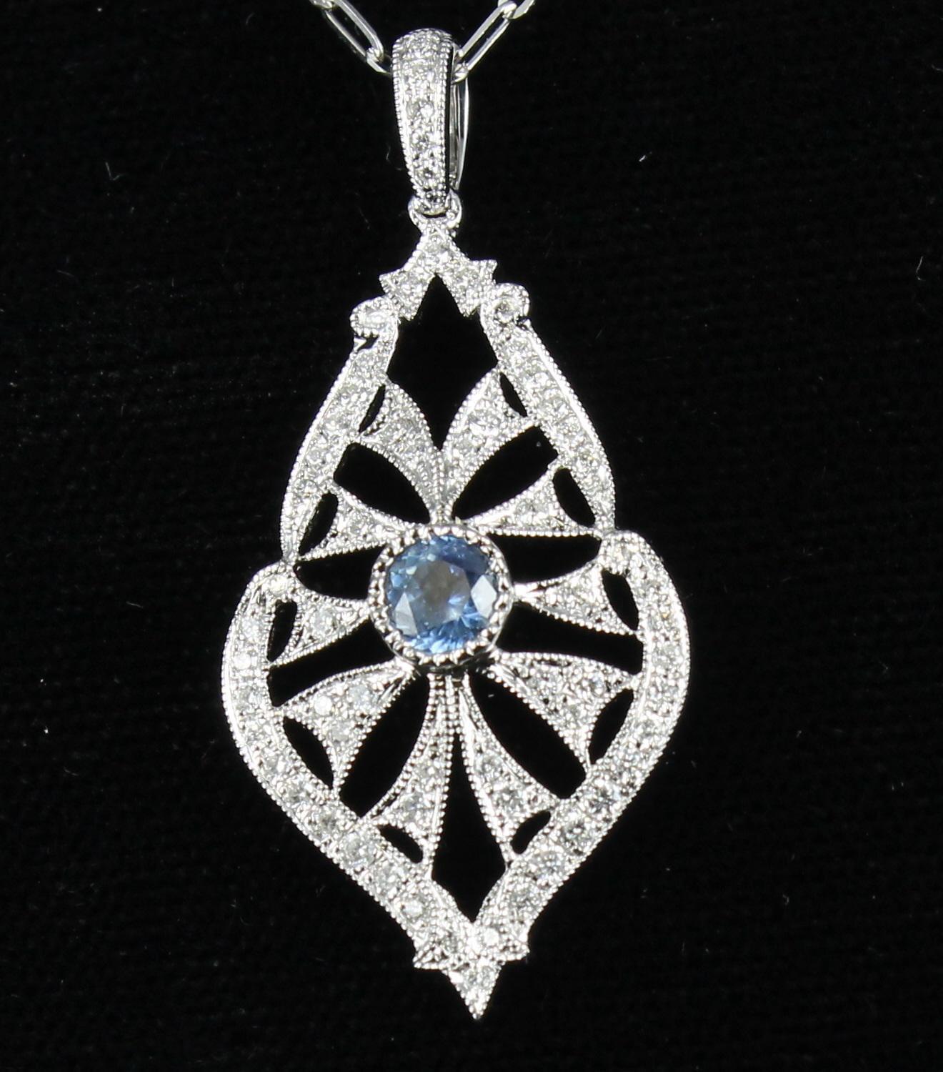 Modern Sapphire Diamond Necklace in 14 Karat White Gold For Sale