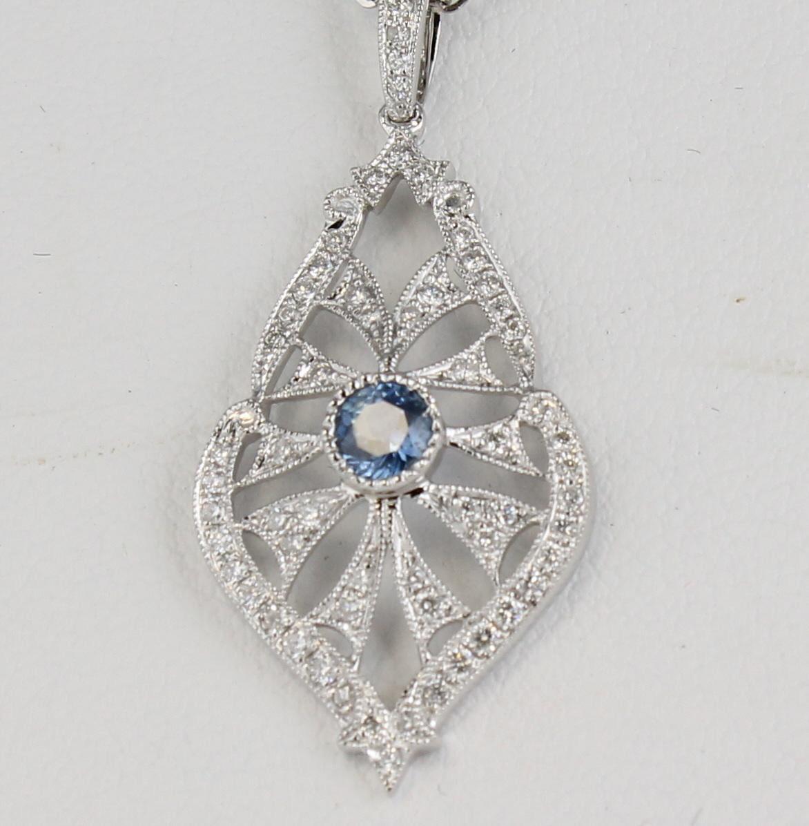 Round Cut Sapphire Diamond Necklace in 14 Karat White Gold For Sale