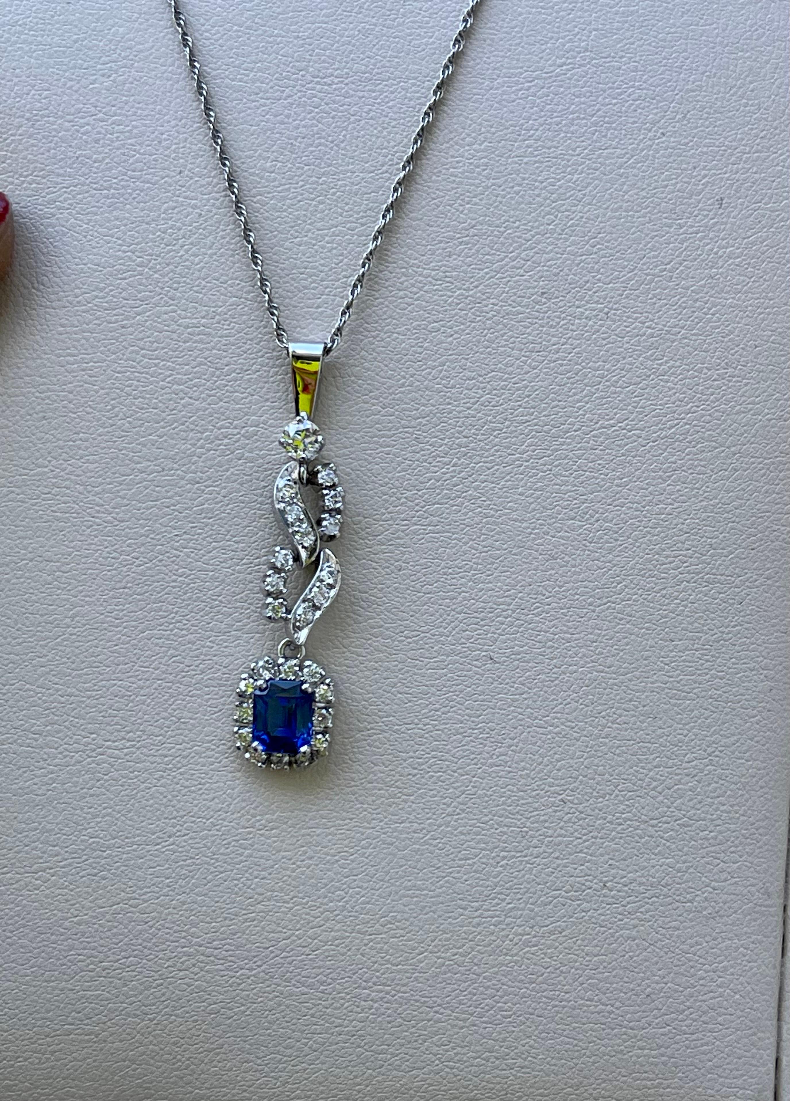 Emerald Cut Sapphire & Diamond Necklace/ Pendant 14 Karat White Gold with Chain For Sale