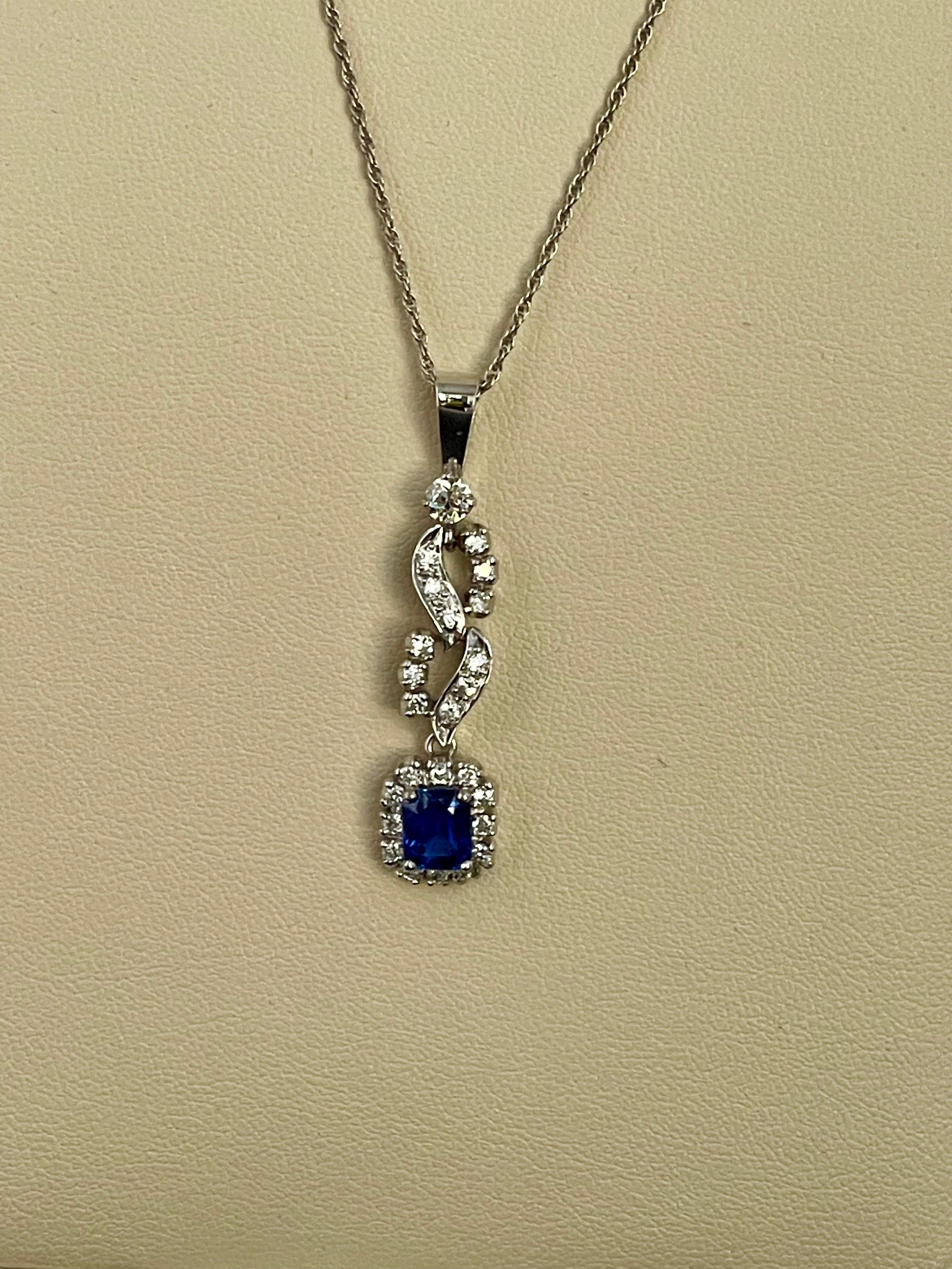 Women's Sapphire & Diamond Necklace/ Pendant 14 Karat White Gold with Chain For Sale