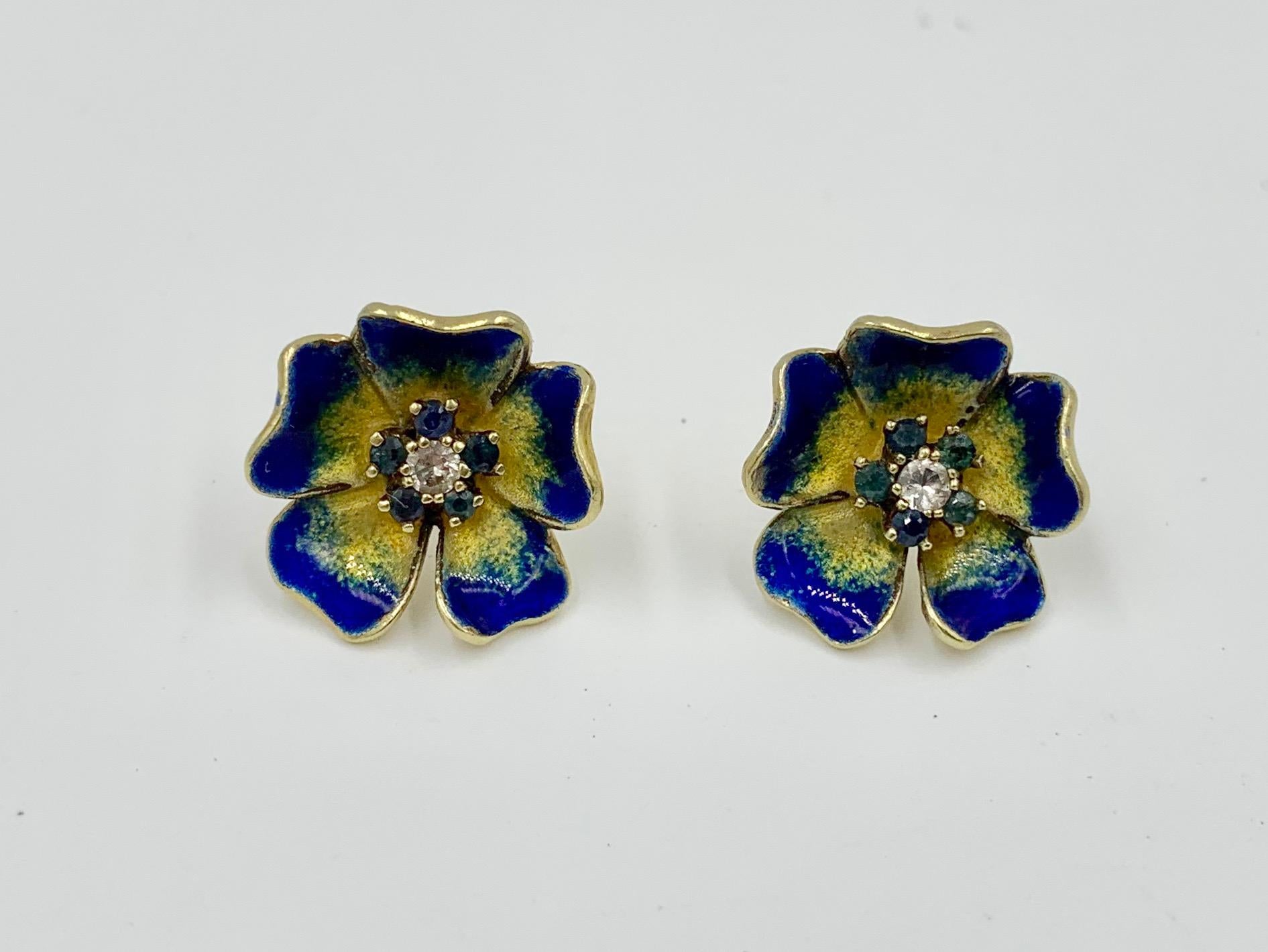Modern Sapphire Diamond Pansy Flower Earrings Antique Enamel 14 Karat Gold